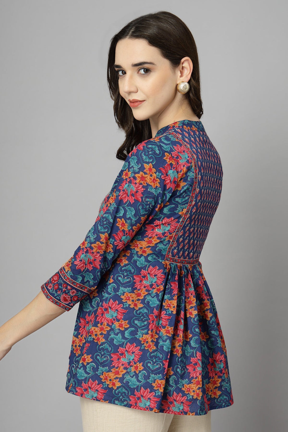 Blue Flower Printed A Line Top