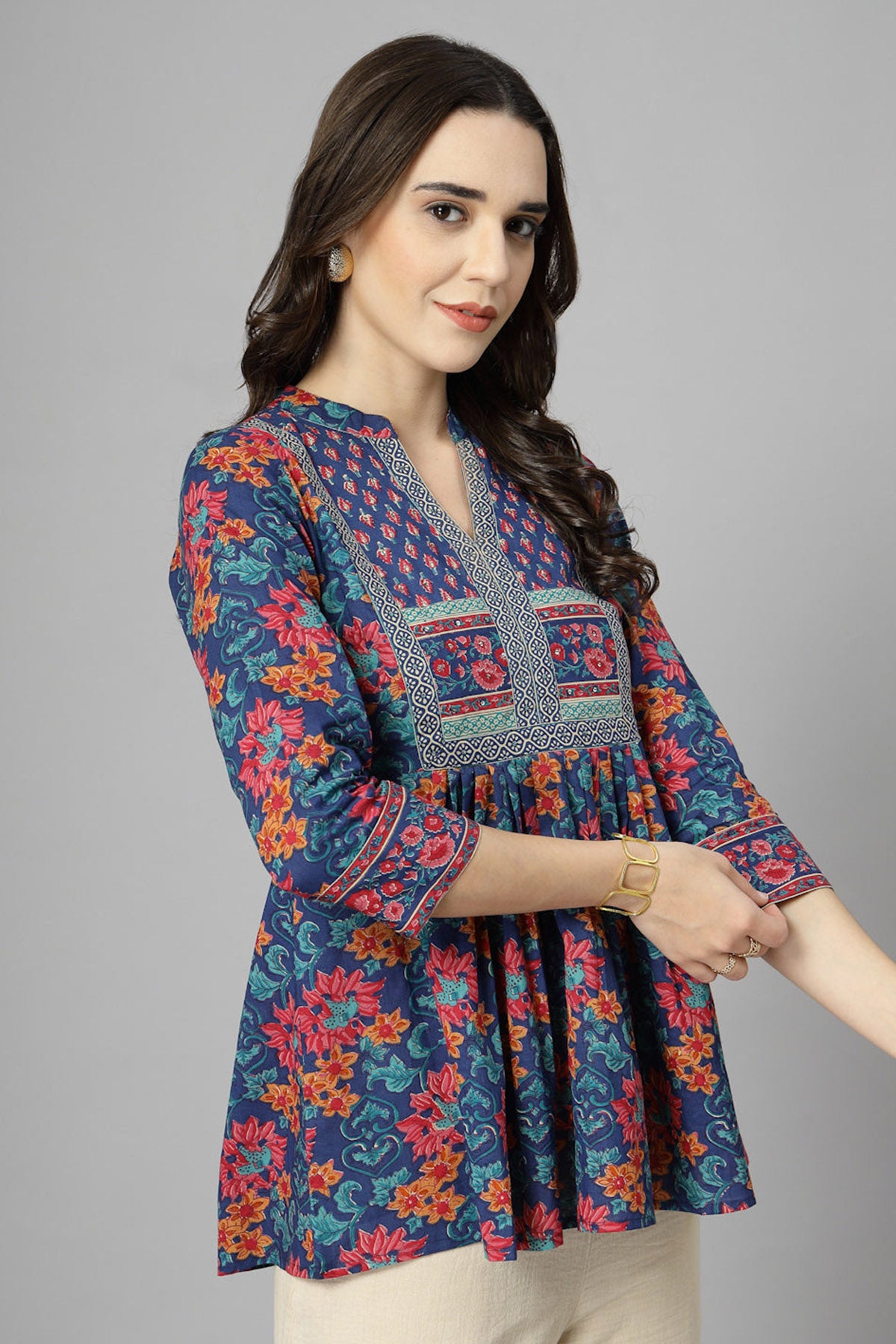 Blue Flower Printed A Line Top