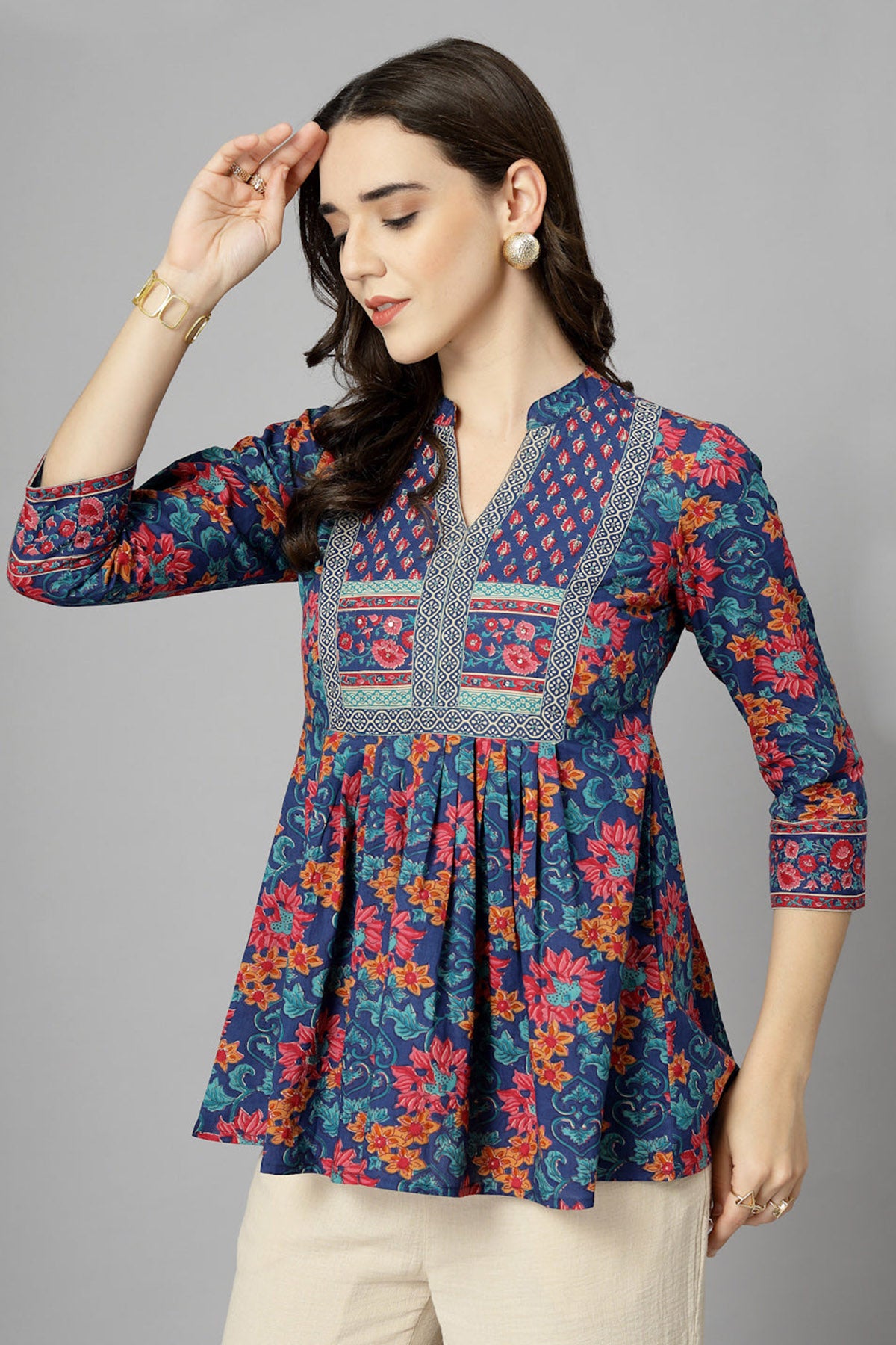 Blue Flower Printed A Line Top