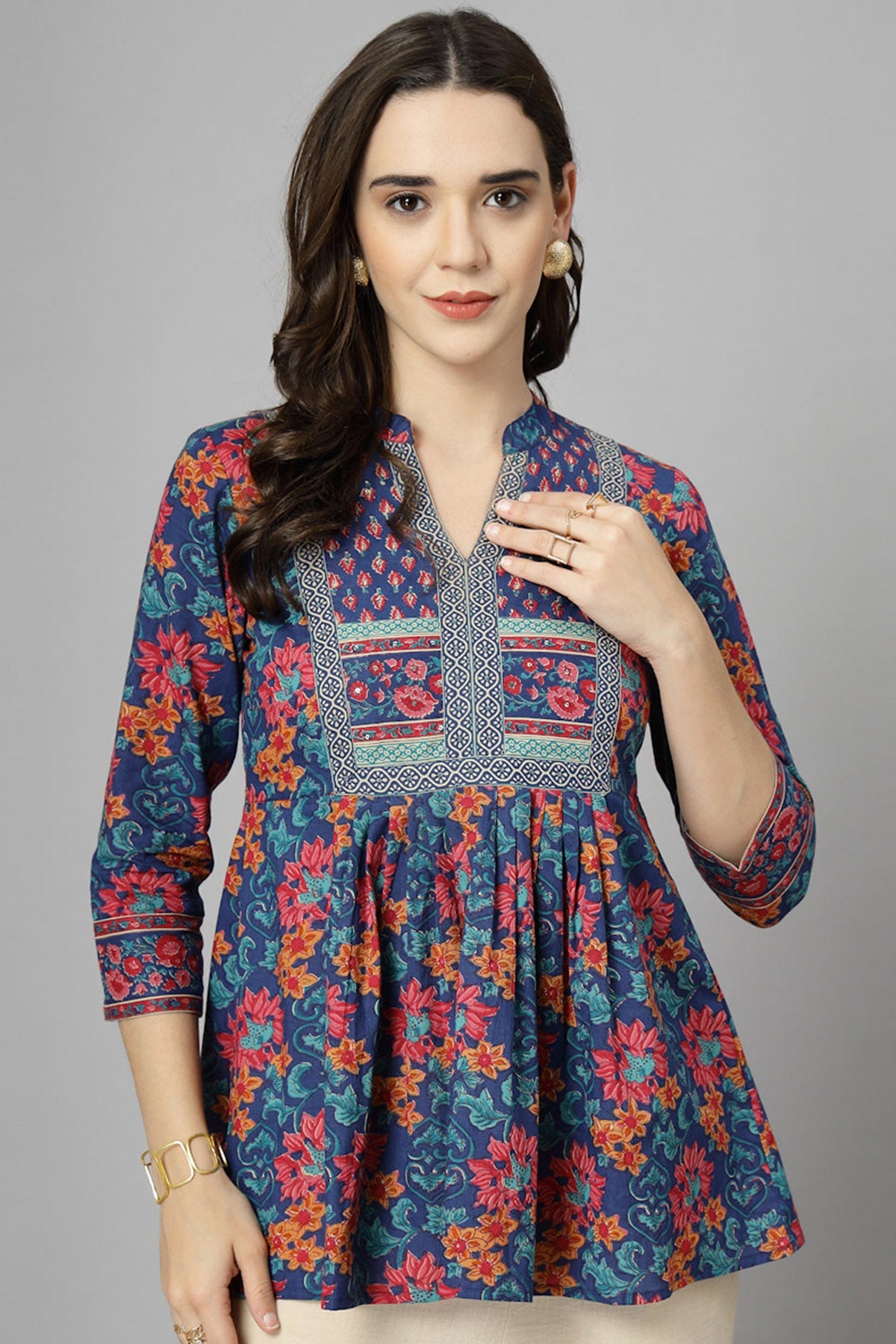 Buy Blue Flower Printed A Line Top for Women by Qomn Designer online available at scrollnshops