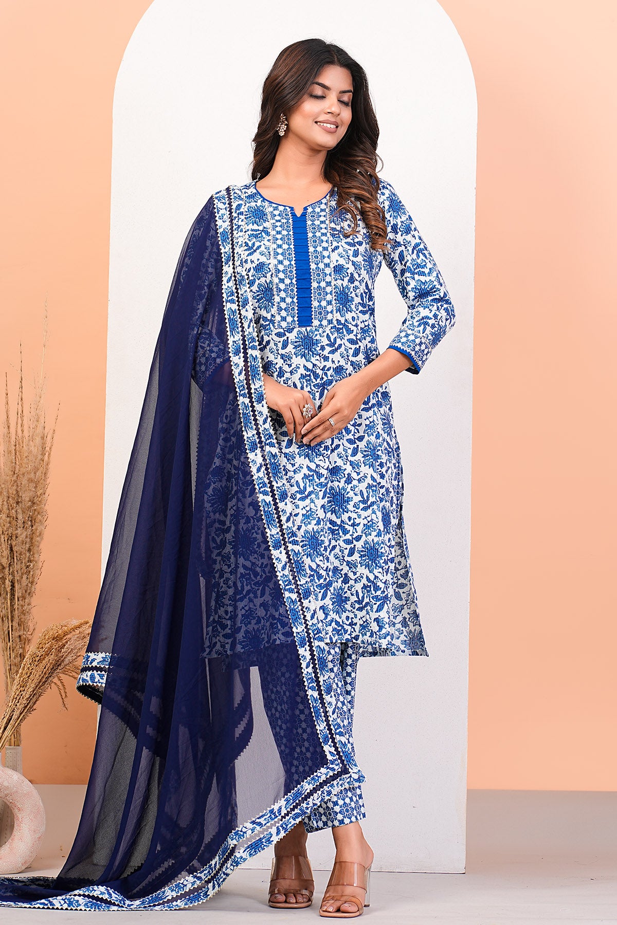 Floral Printed Blue Kurta Set