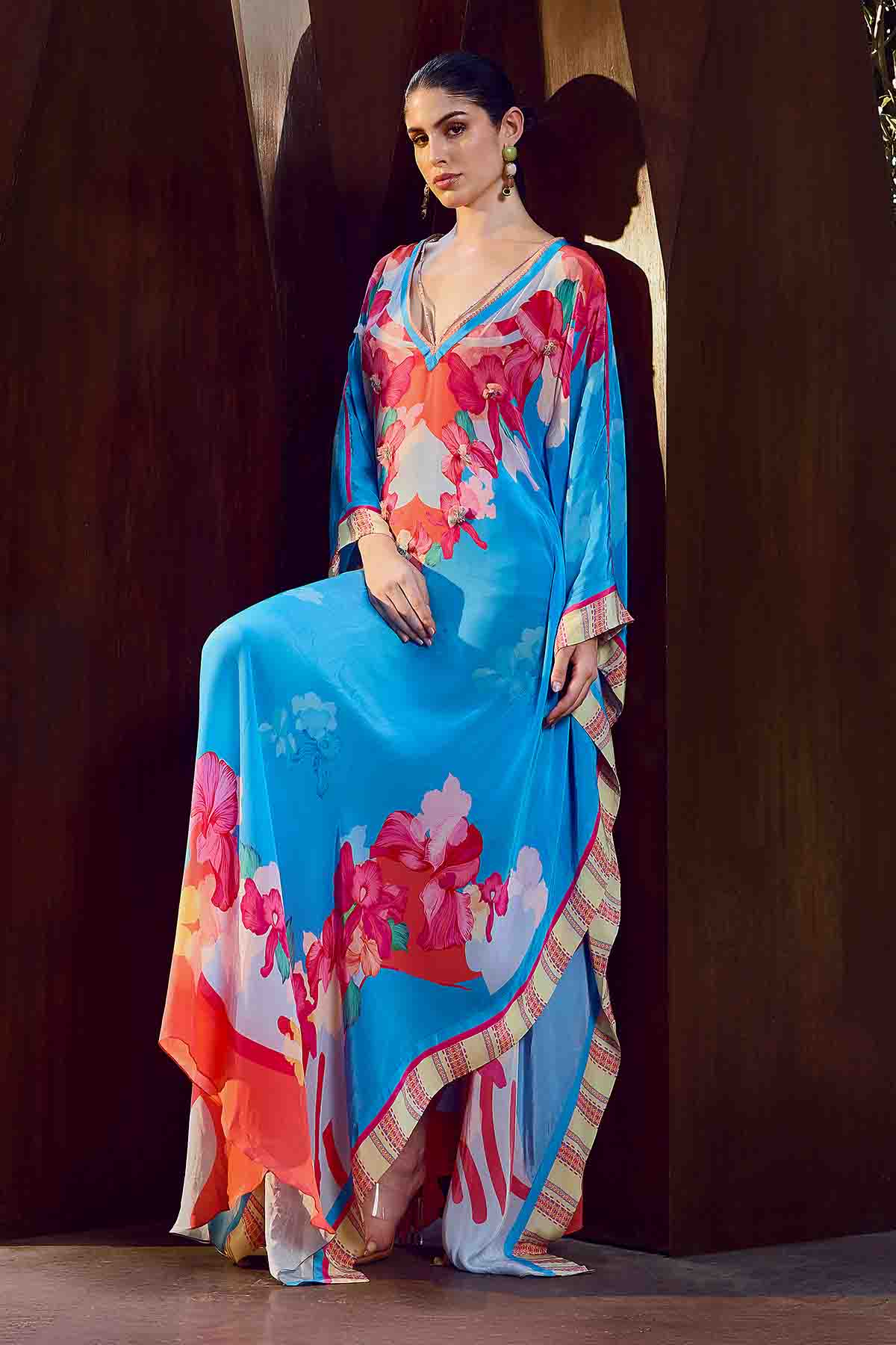 Blue Floral Printed Long Kaftan