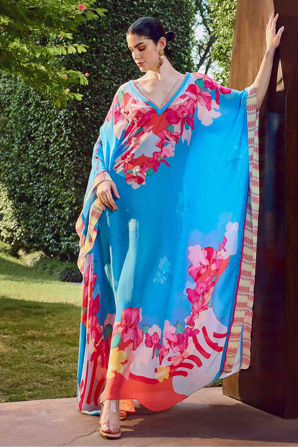 Blue Floral Printed Long Kaftan