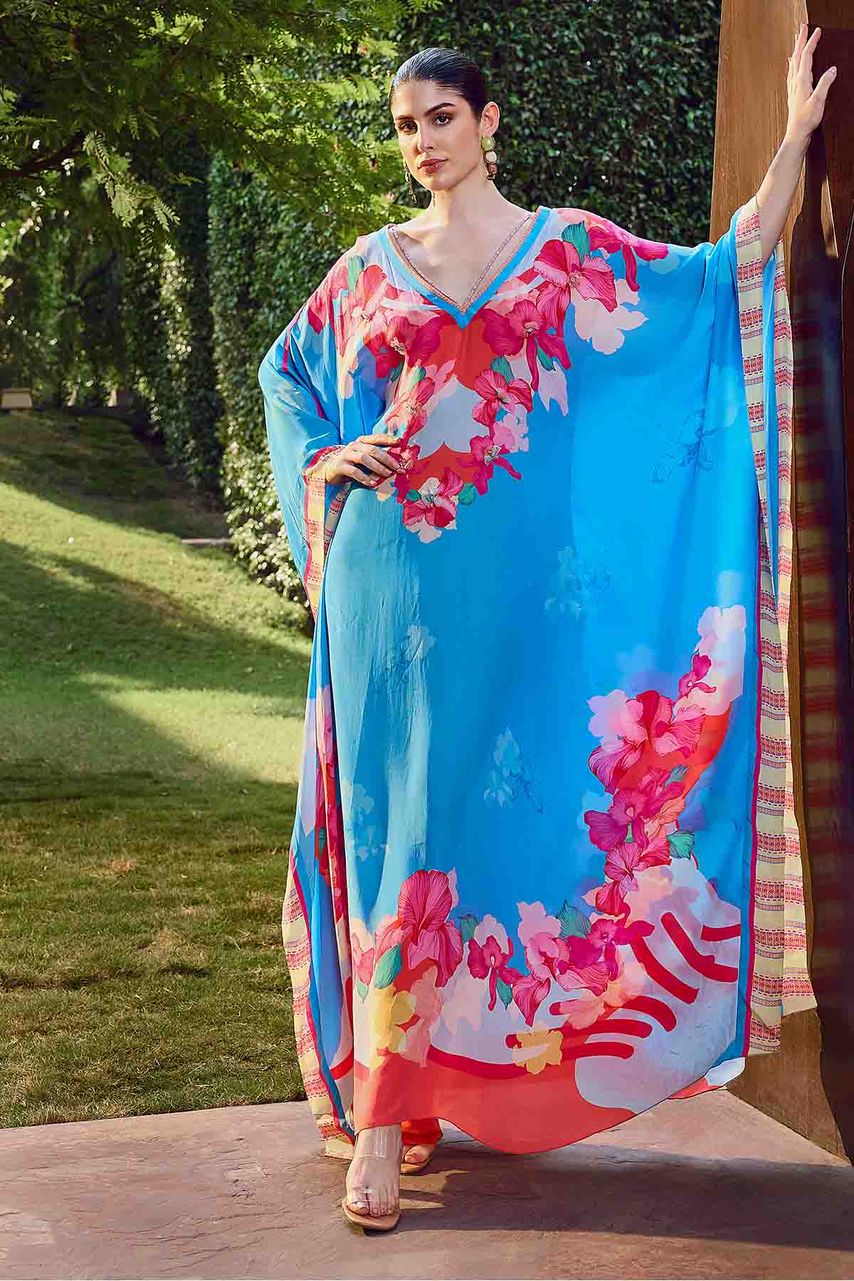 Buy Blue Floral Printed Long Kaftan by Mandira Wirk