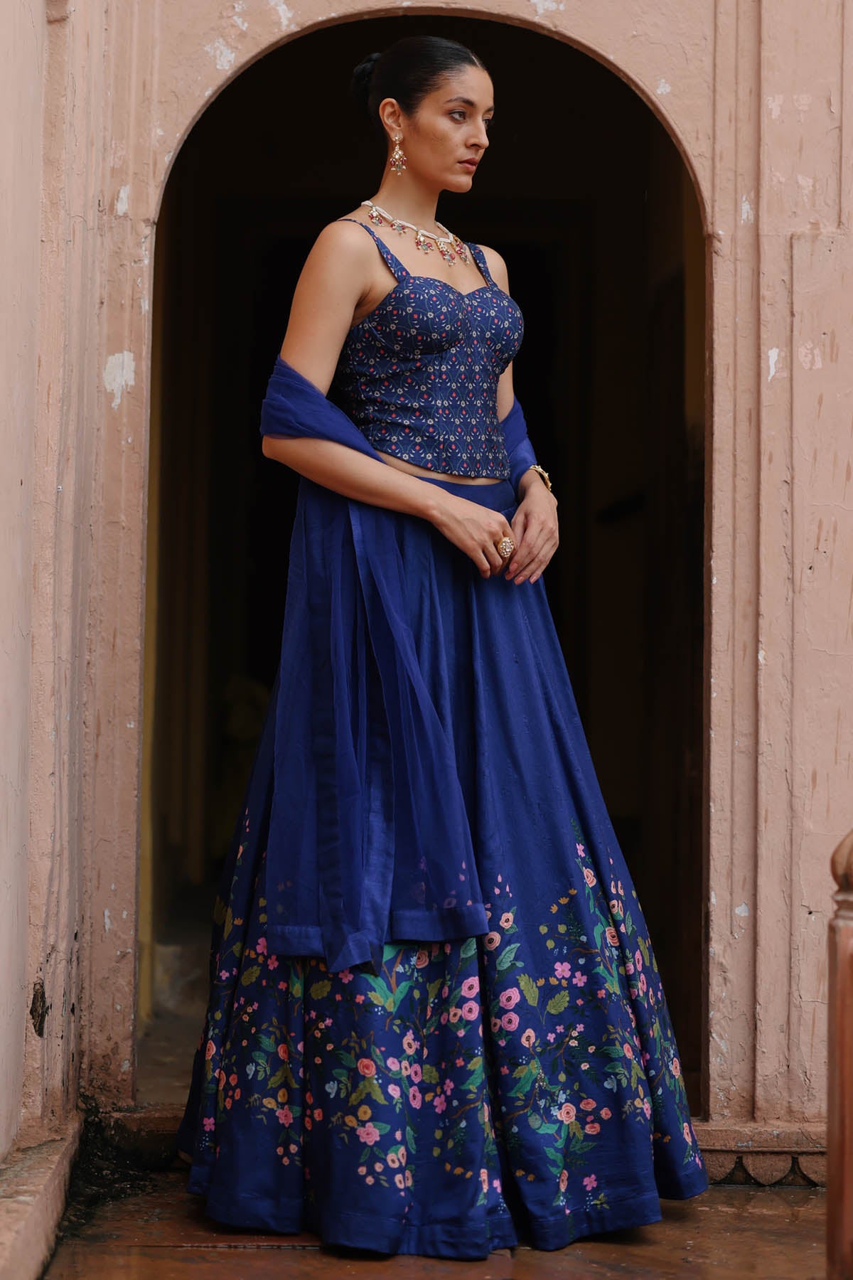 Blue Floral Printed lehenga Set