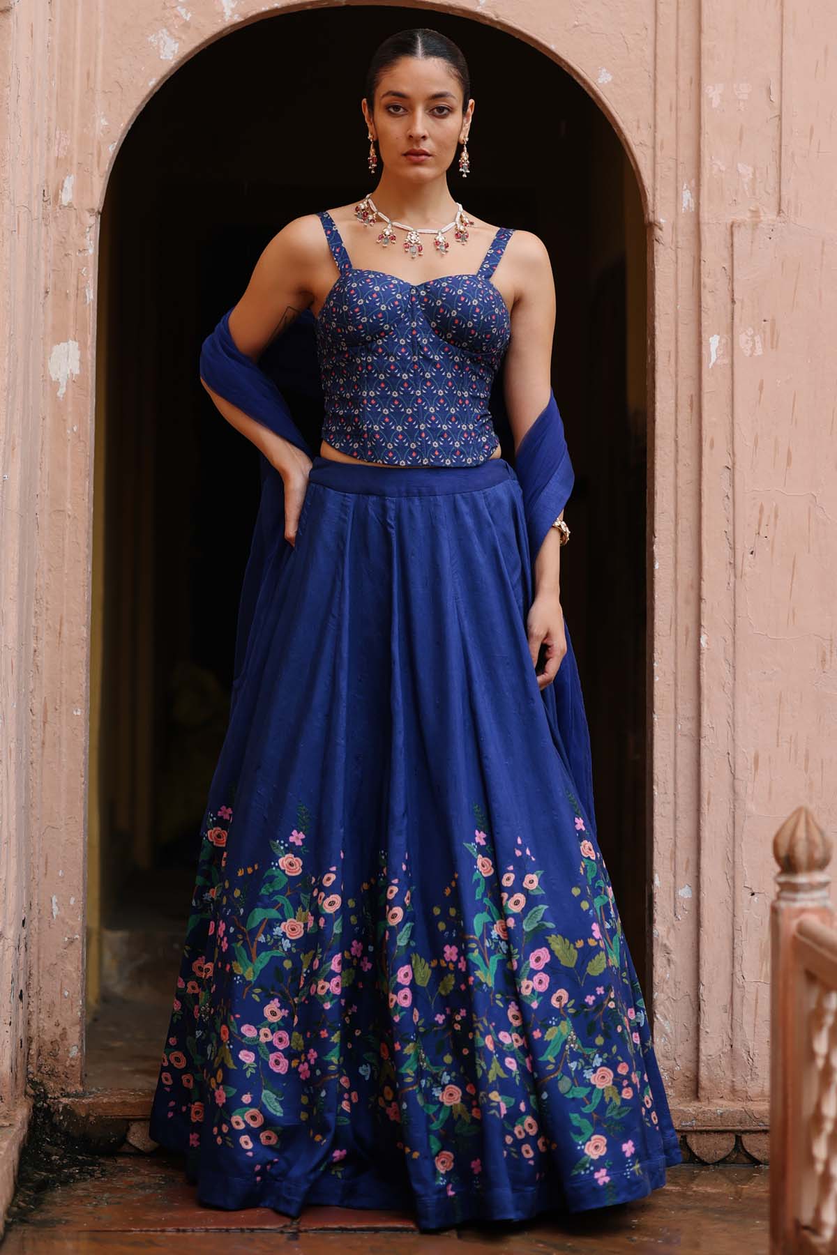 Megha Pitti Blue Floral Printed lehenga Set for women online at ScrollnShops