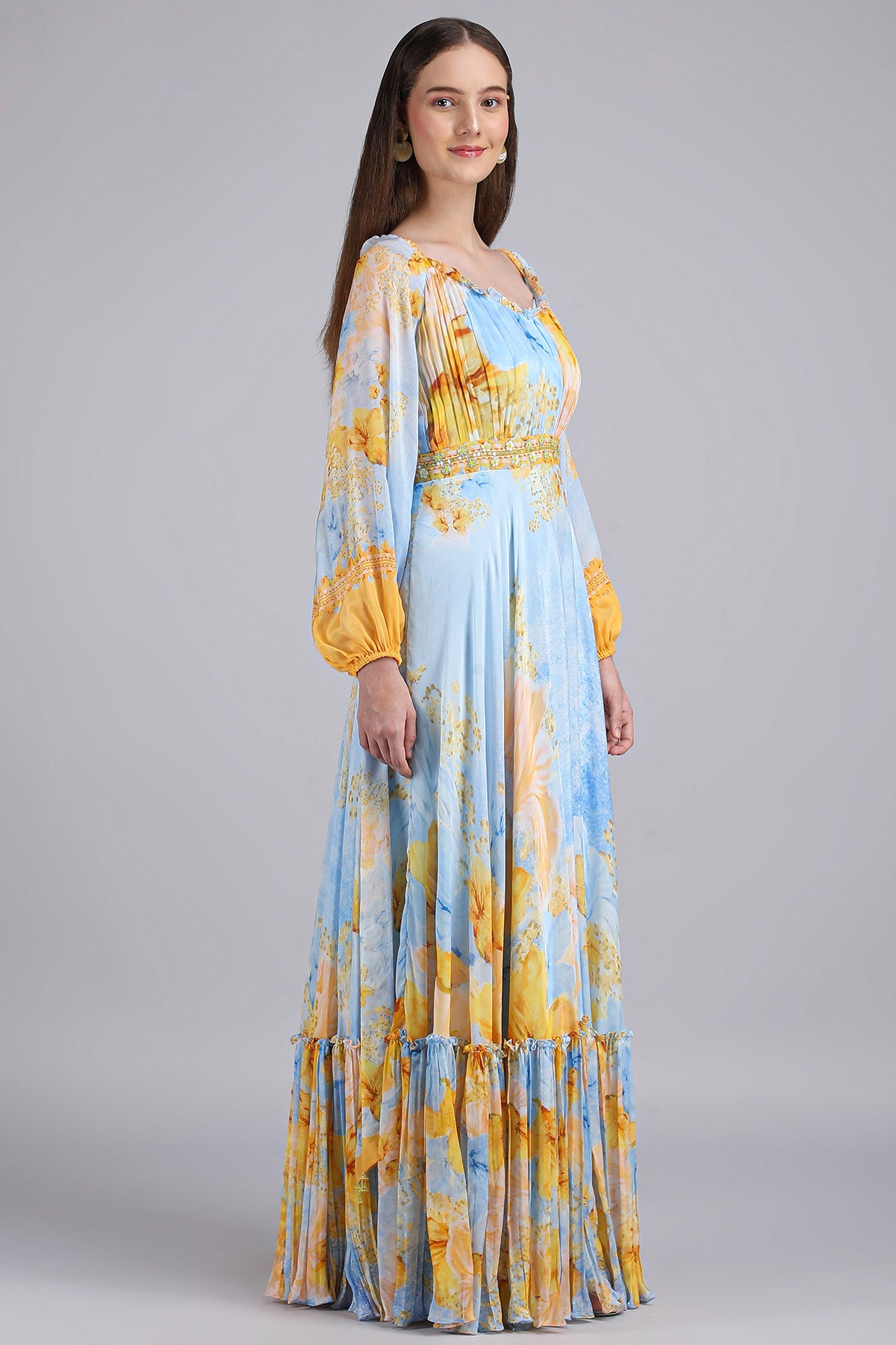 Blue Floral Ruffle Tiered Dress