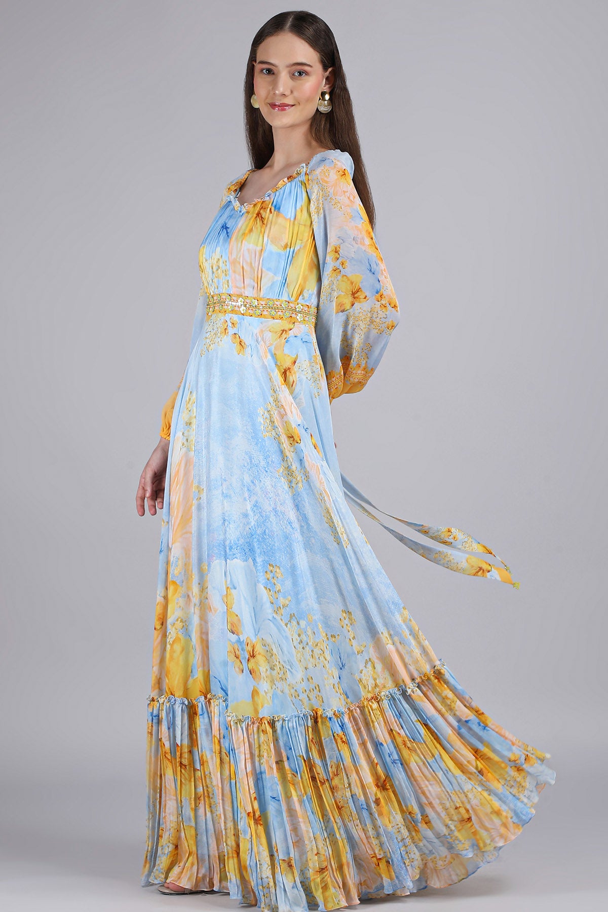 Blue Floral Ruffle Tiered Dress