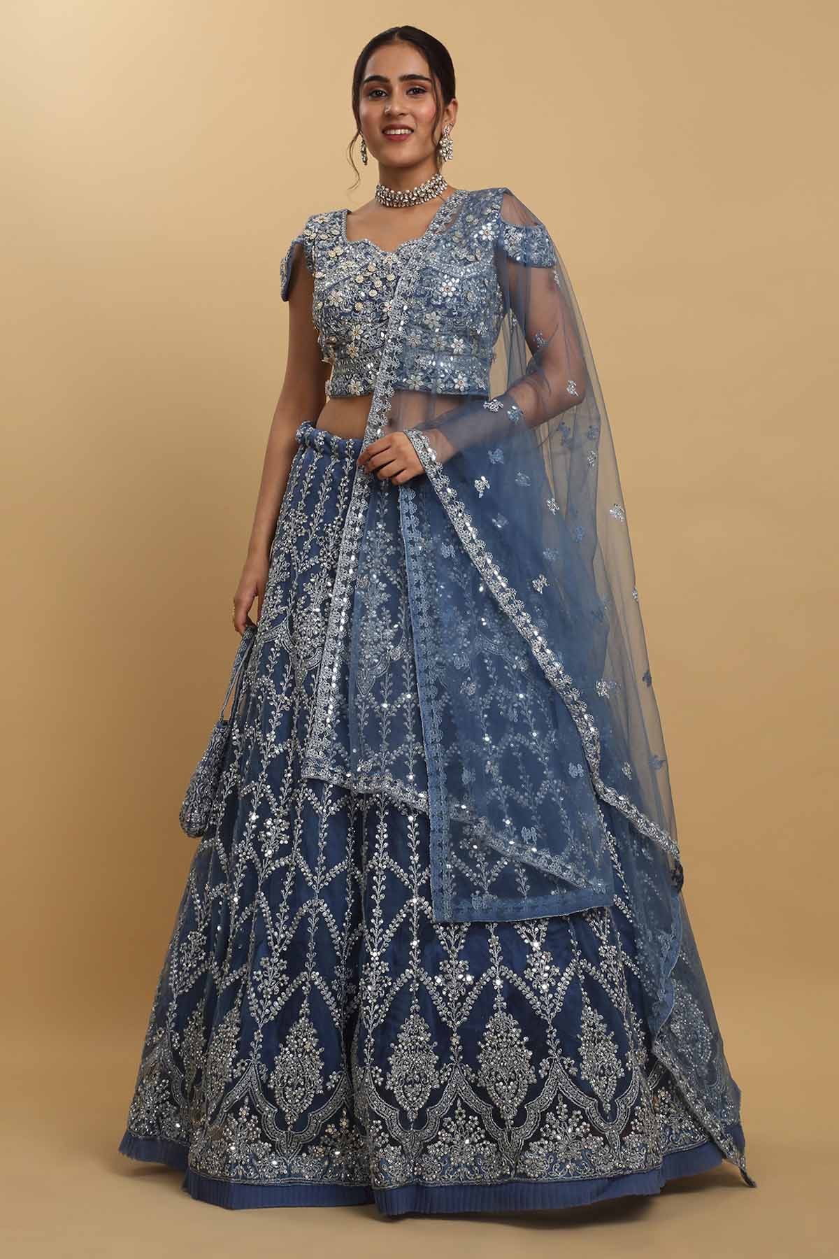 Aham Vayam Blue Floral Zari Lehenga Set for women online at ScrollnShops