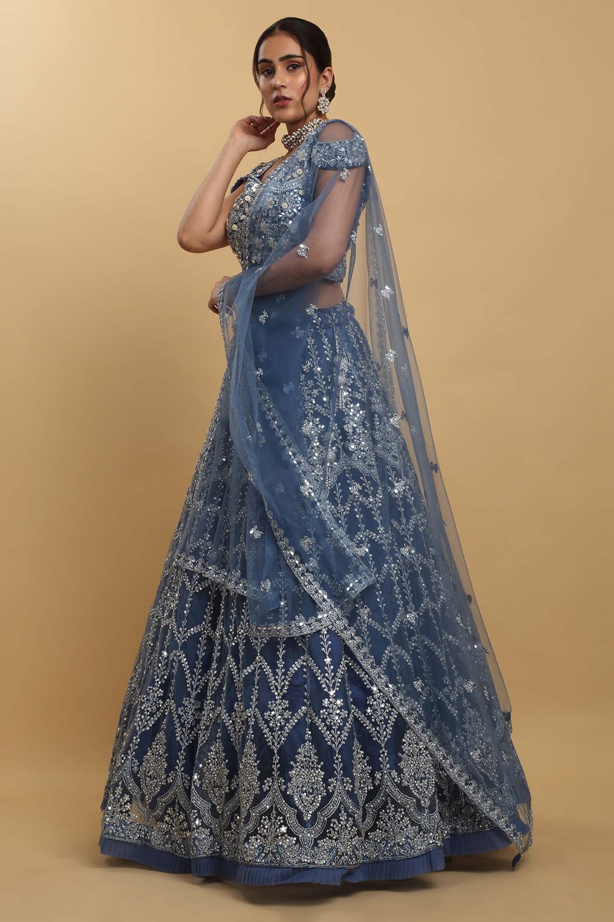 Blue Floral Zari Lehenga Set