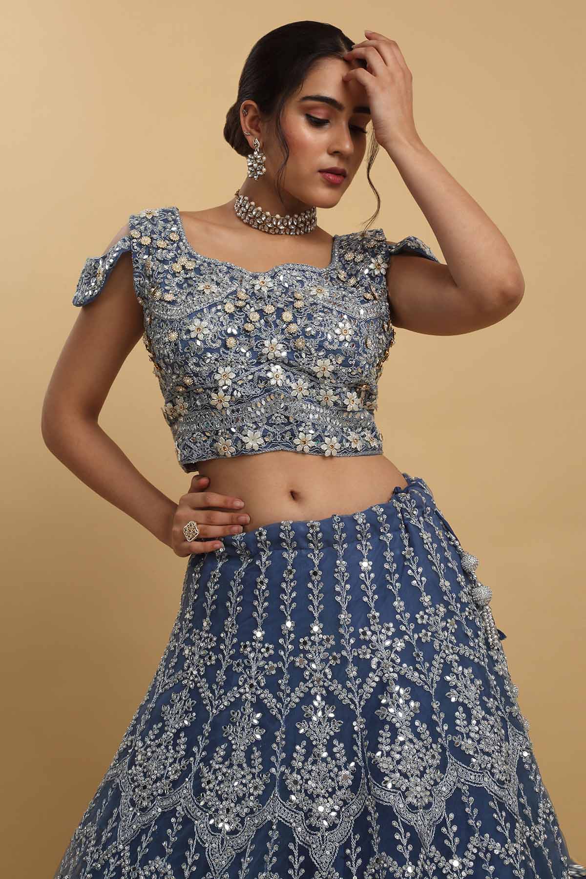 Blue Floral Zari Lehenga Set