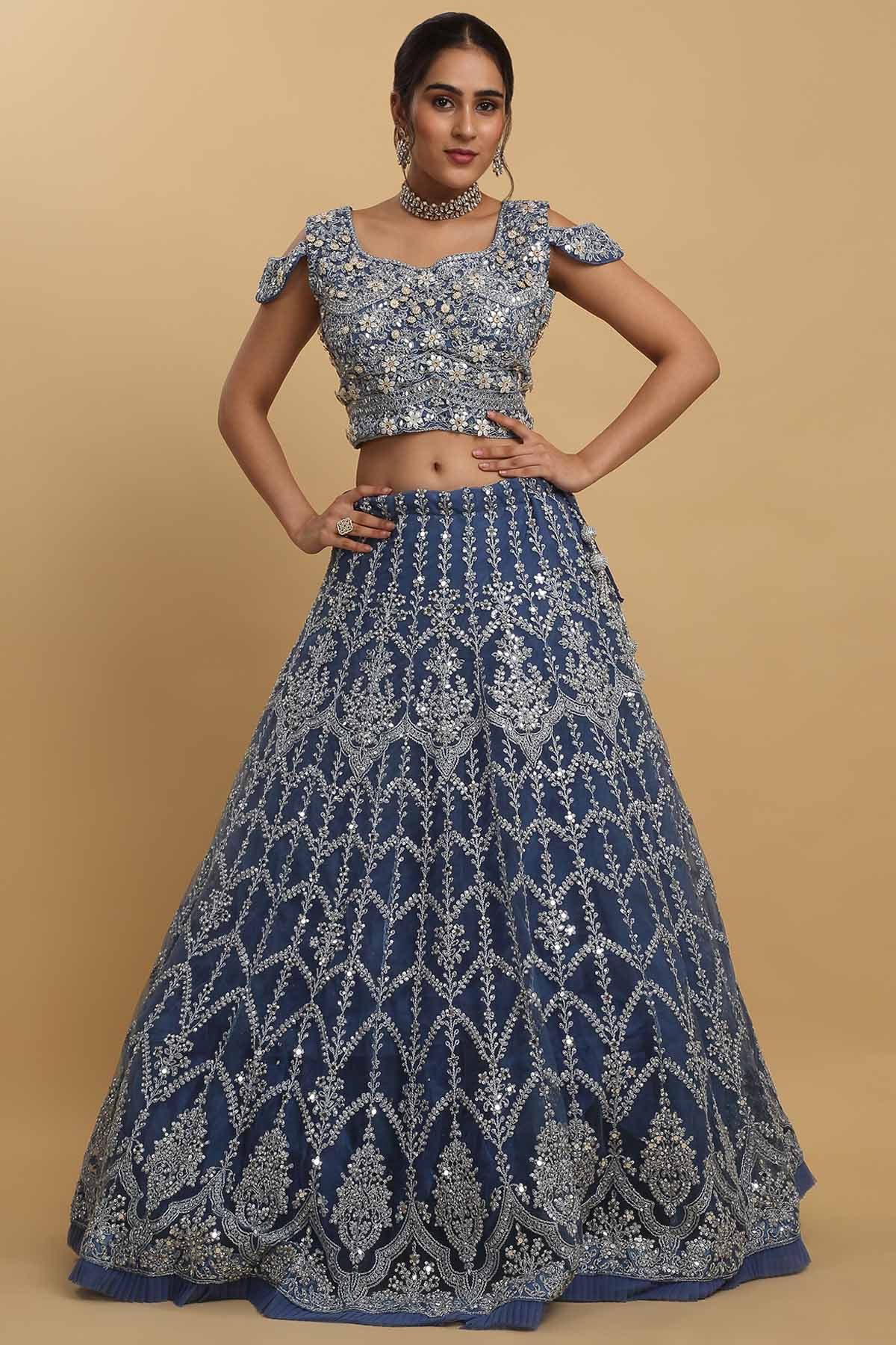 Blue Floral Zari Lehenga Set