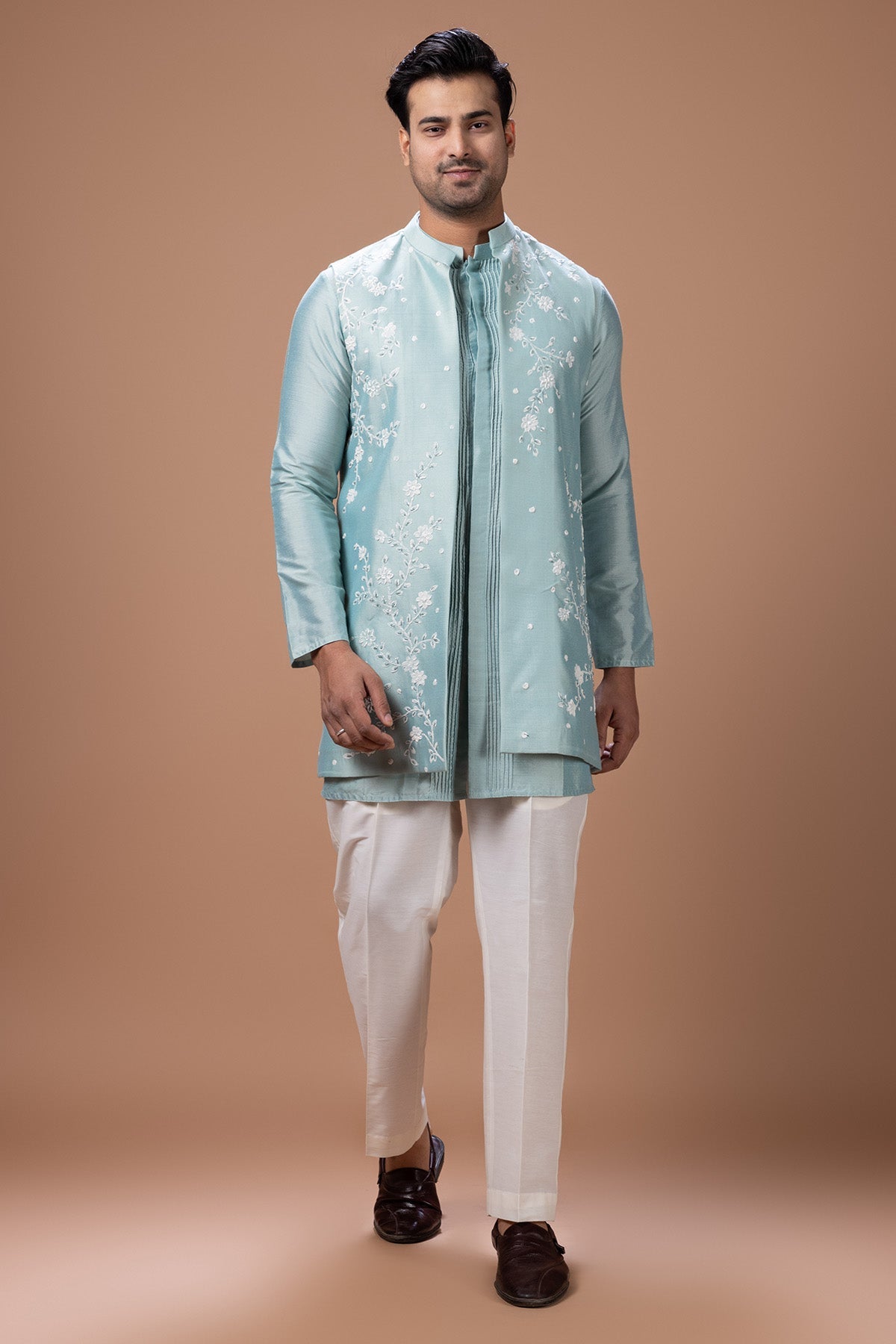 Buy Blue Flower Pearls Kurta Set for men by Priyanka Haralalka online available at scrollnshops