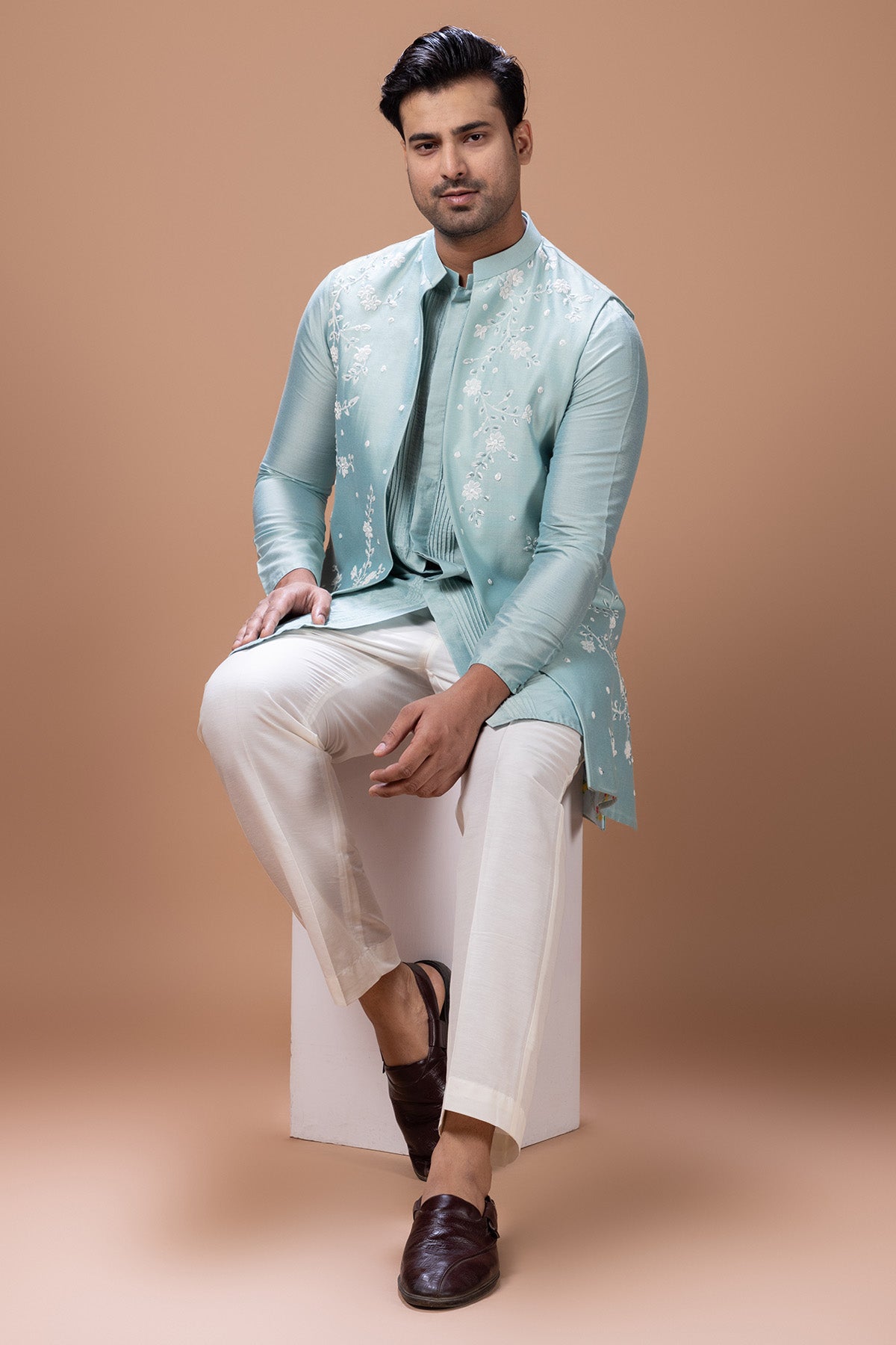 Blue Flower Pearls Kurta Set