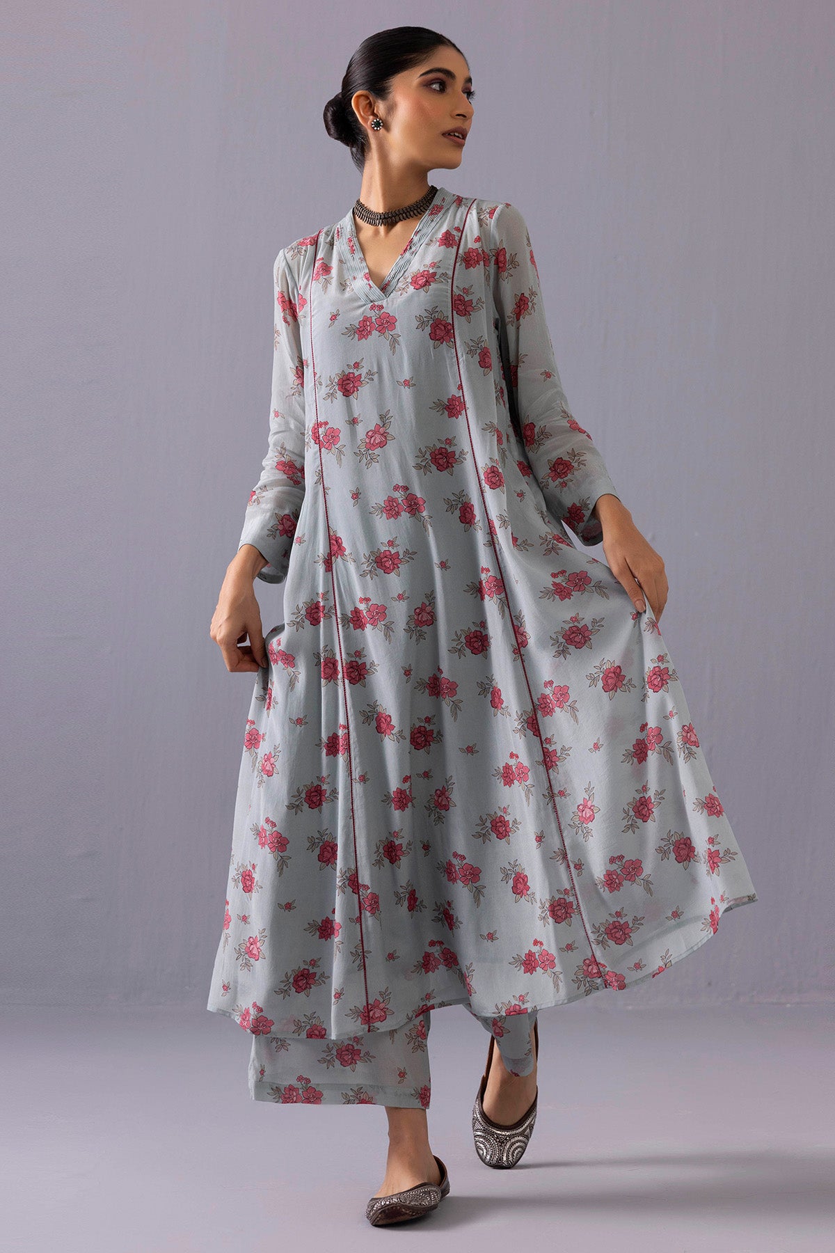 Blue Flower Printed Kurta Set