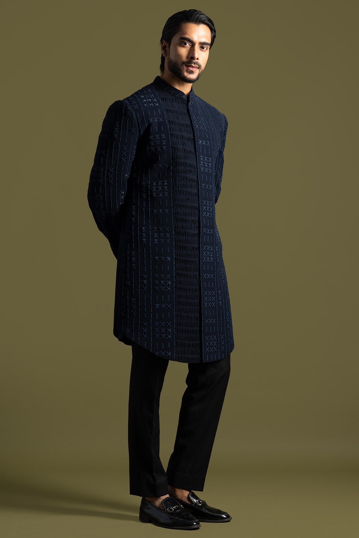 Blue French Knot Achkan Set
