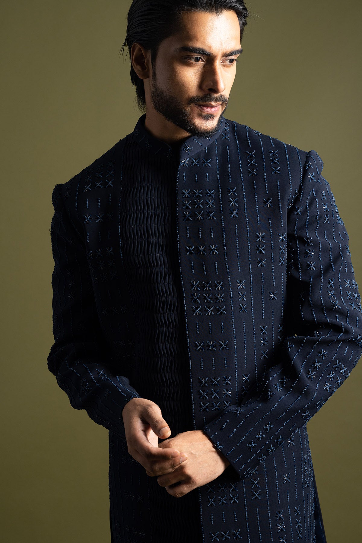 Blue French Knot Achkan Set
