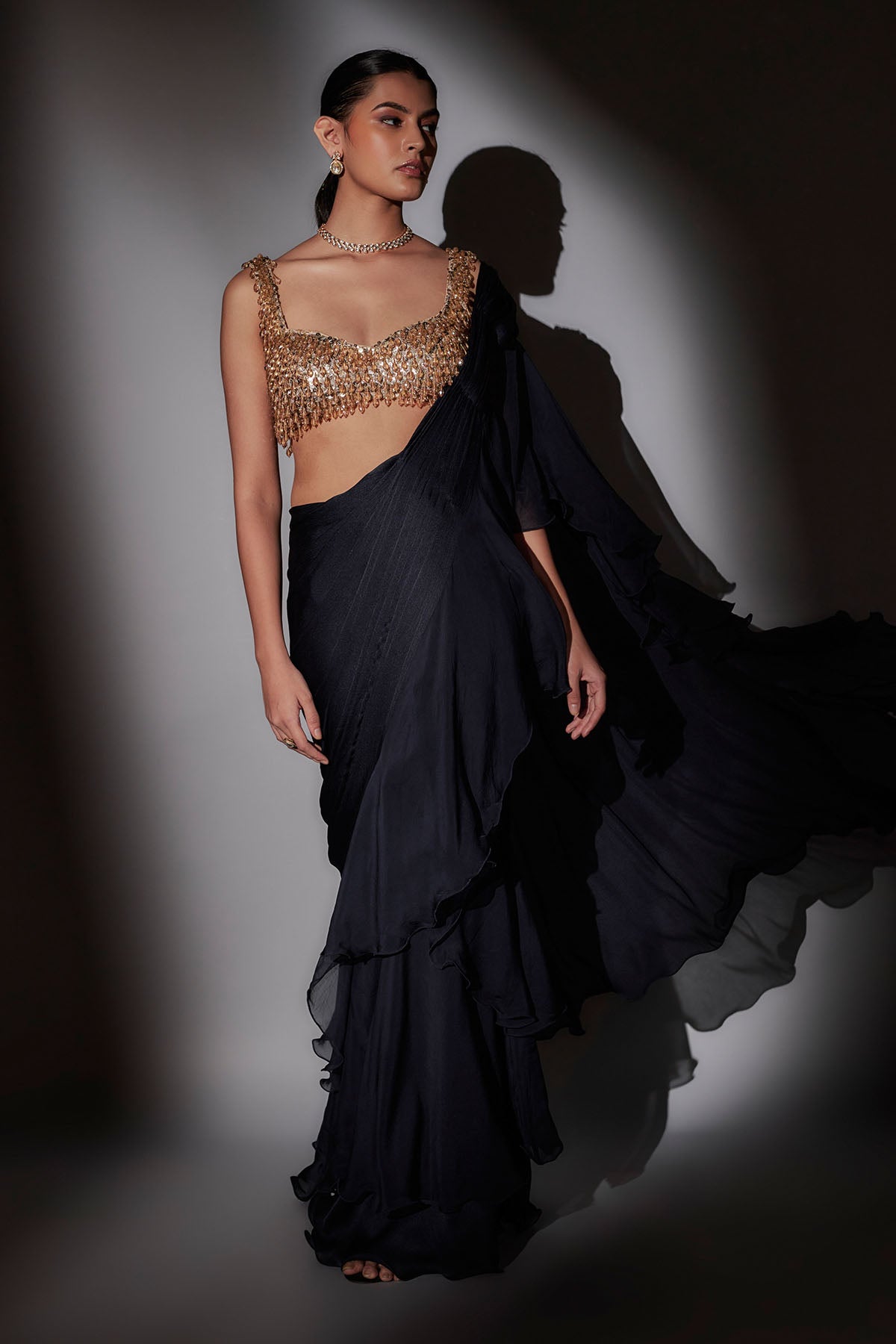 Blue Frill Pre-Draped Saree