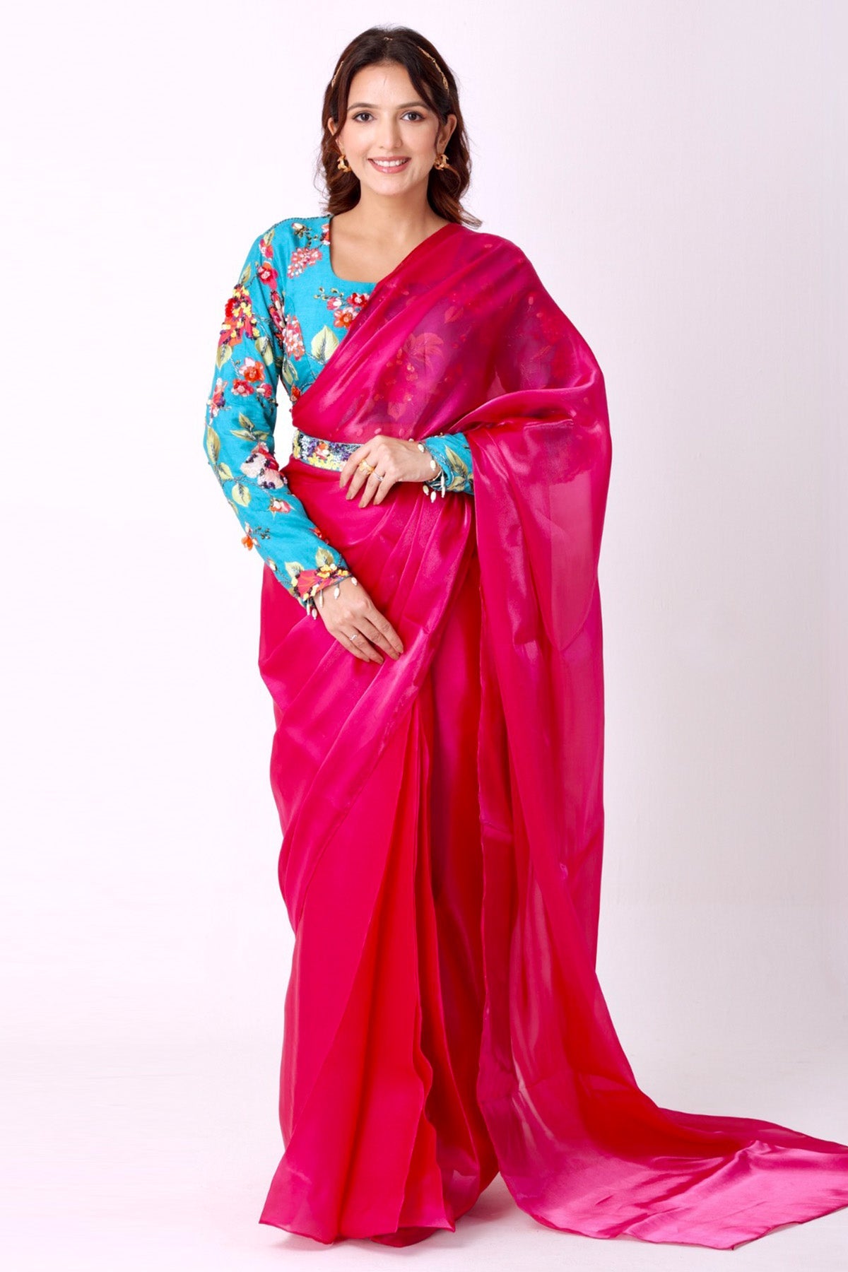 Buy Blue & Fuchsia Silk Saree Set for women by Namita Sharma Designer online available at scrollnshops