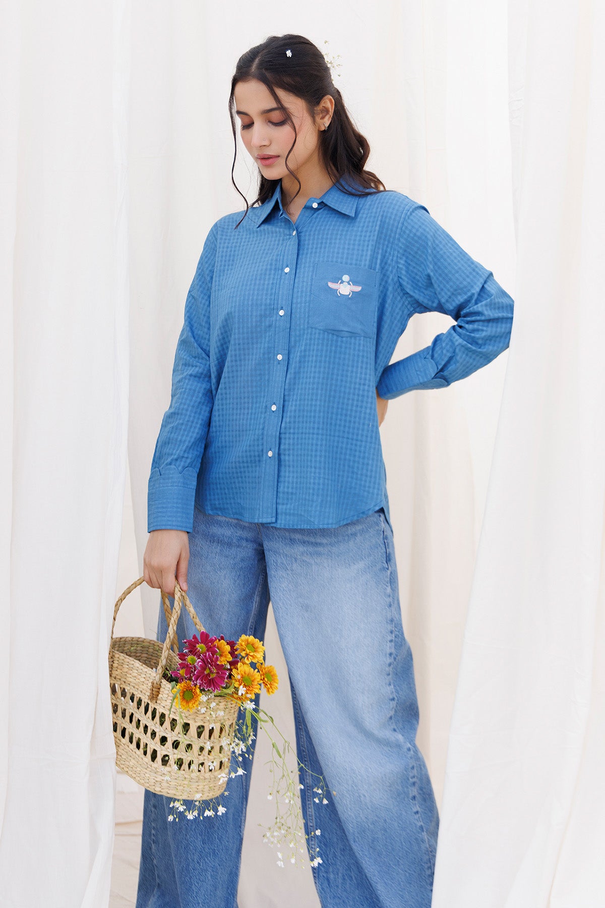 Blue Full Sleeves Scallop Shirt