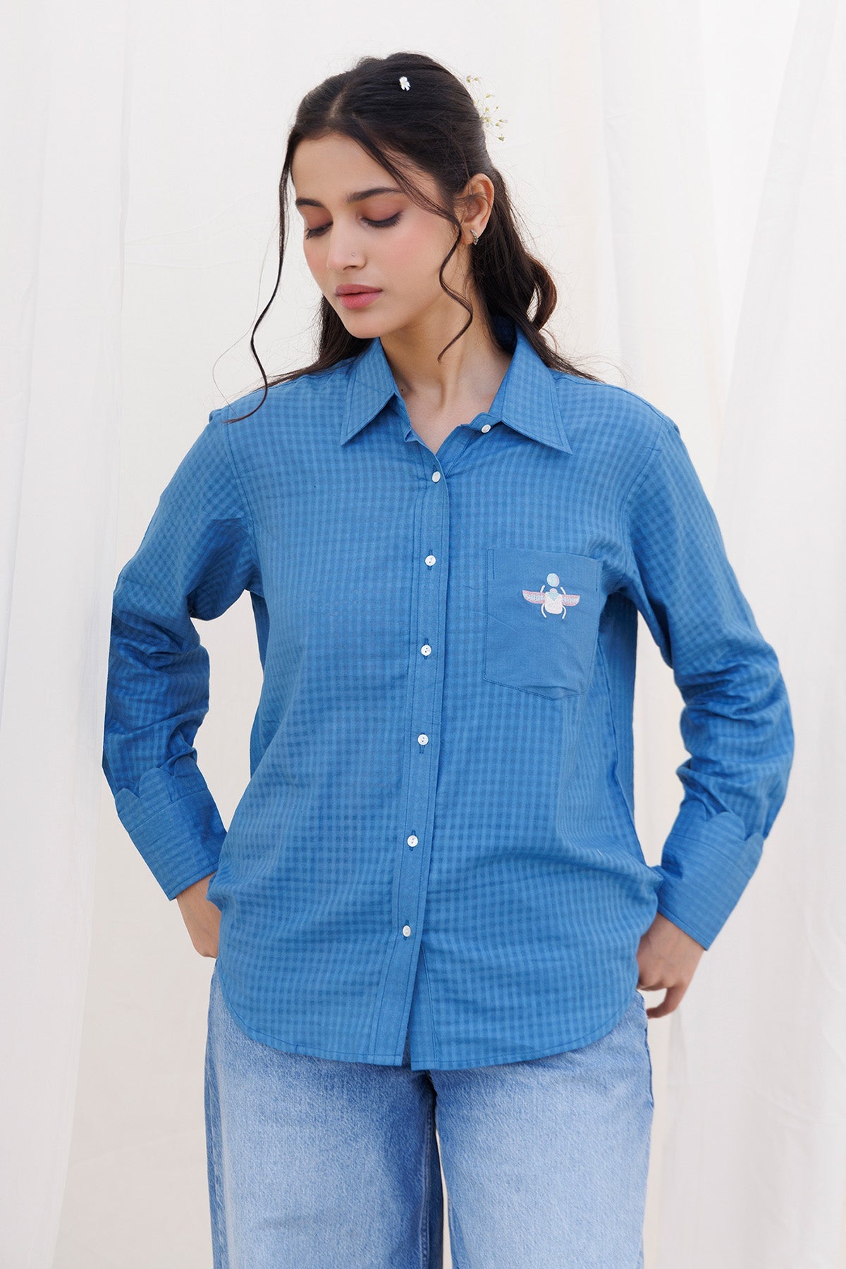 Buy Blue Full Sleeves Scallop Shirt by Label Surabhi Raj for women online at ScrollnShops