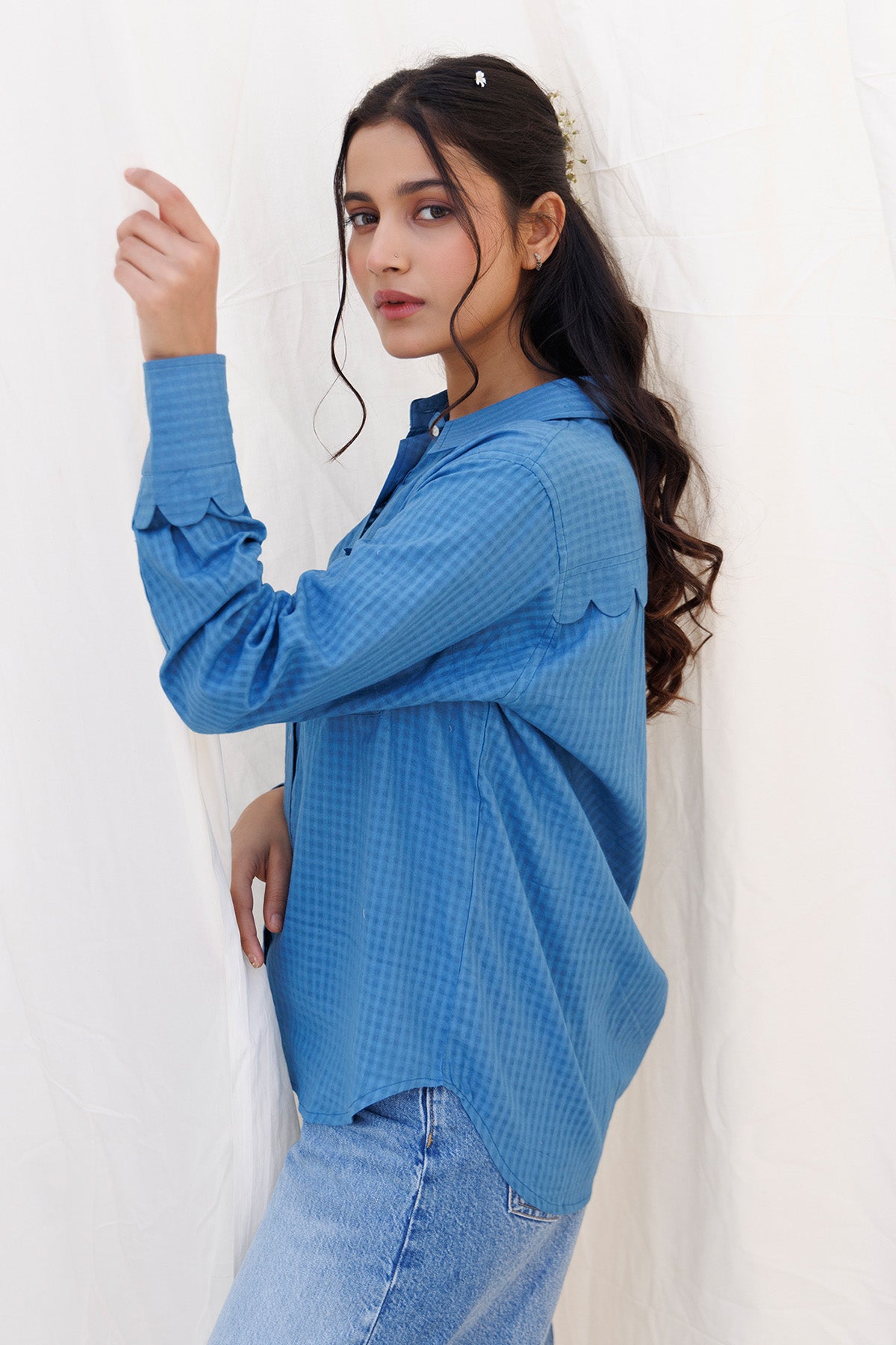 Blue Full Sleeves Scallop Shirt