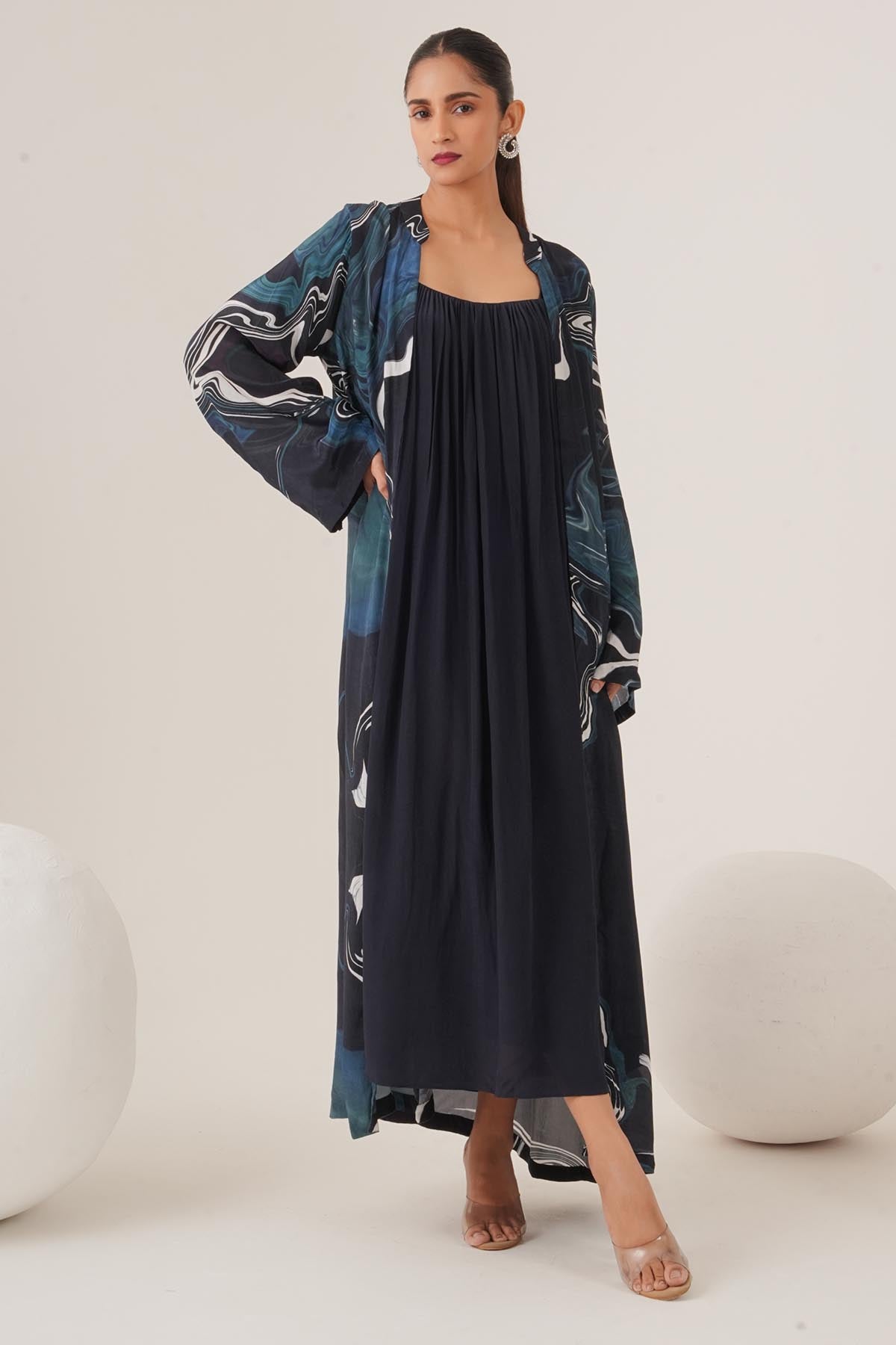 Buy Blue Gatherd Maxi Dress & Jacket by Shristi Chetani for women online at ScrollnShops