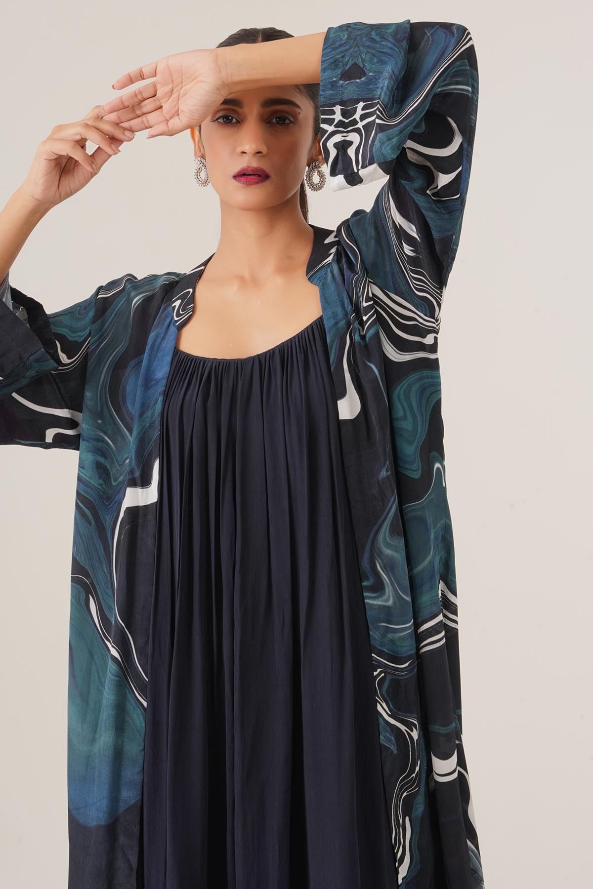 Blue Gatherd Maxi Dress & Jacket