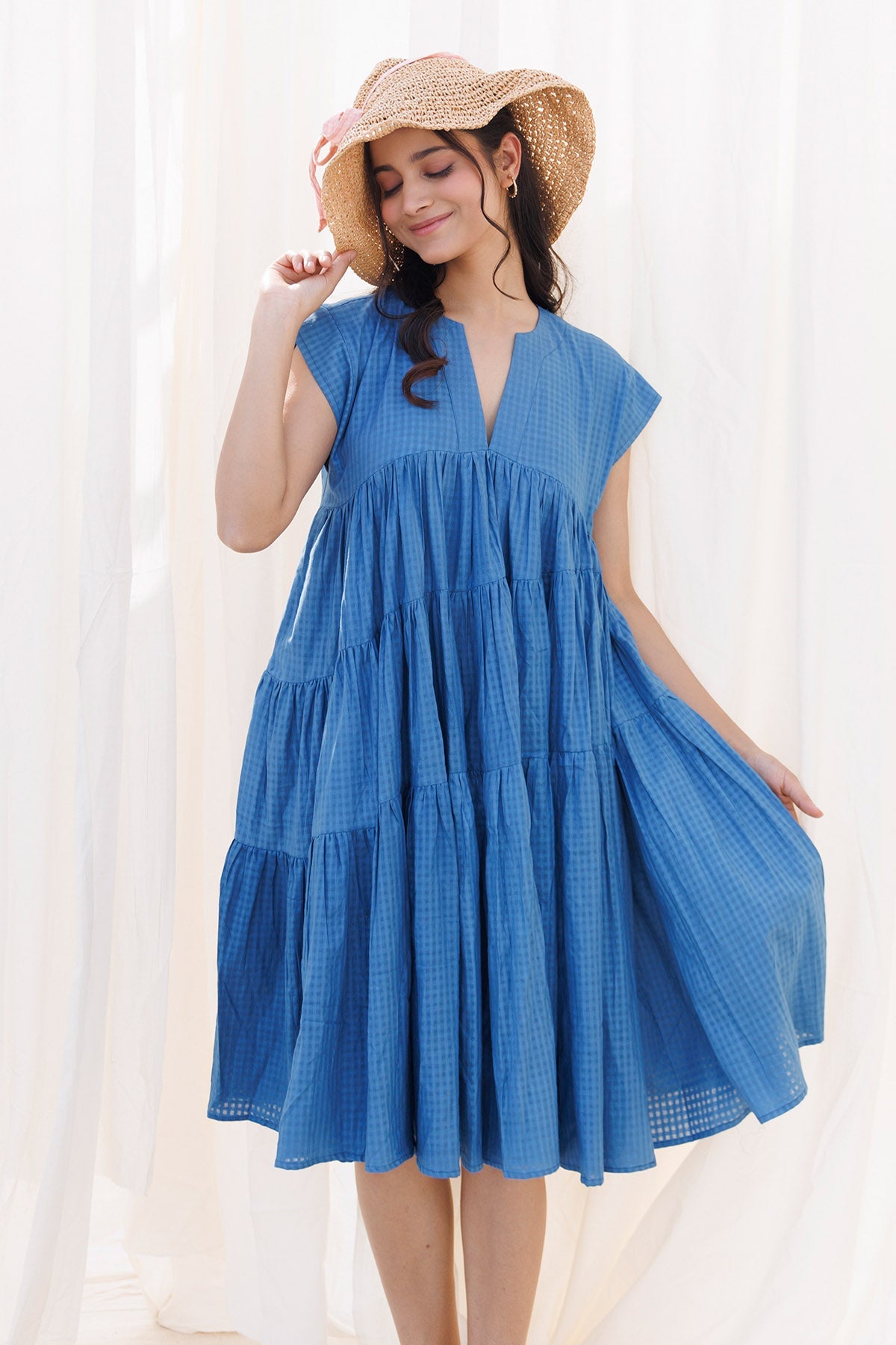 Buy Blue Gathered 3 Tiered Dress by Label Surabhi Raj for women online at ScrollnShops