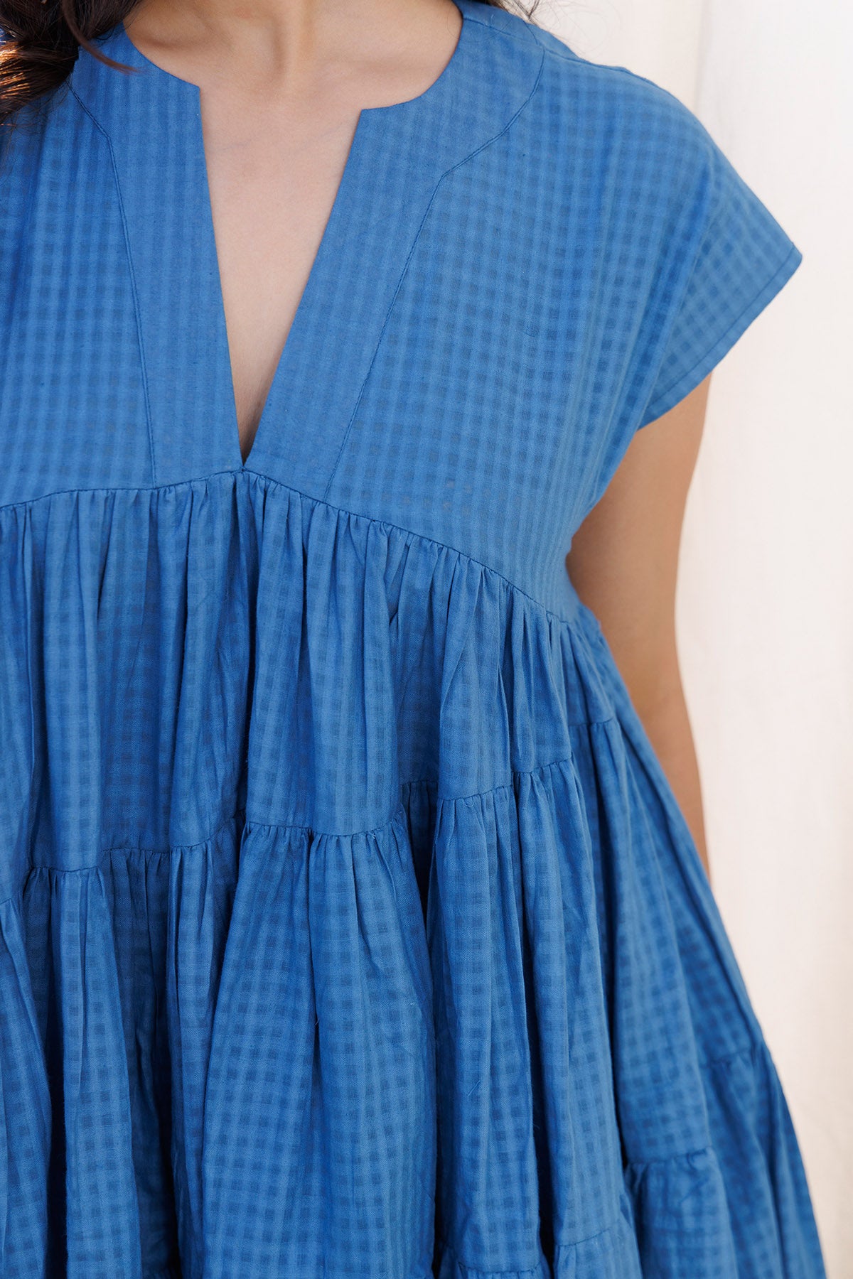 Blue Gathered 3 Tiered Dress