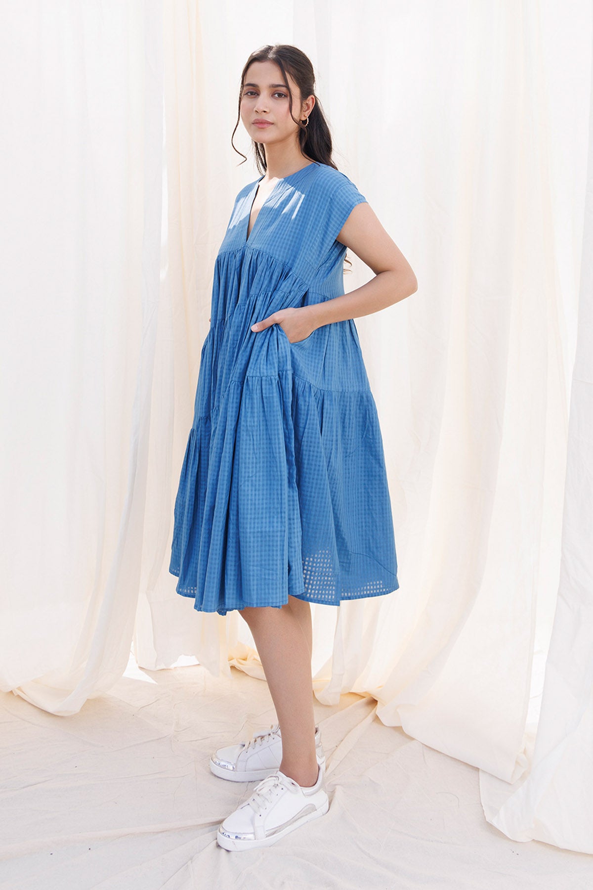 Blue Gathered 3 Tiered Dress