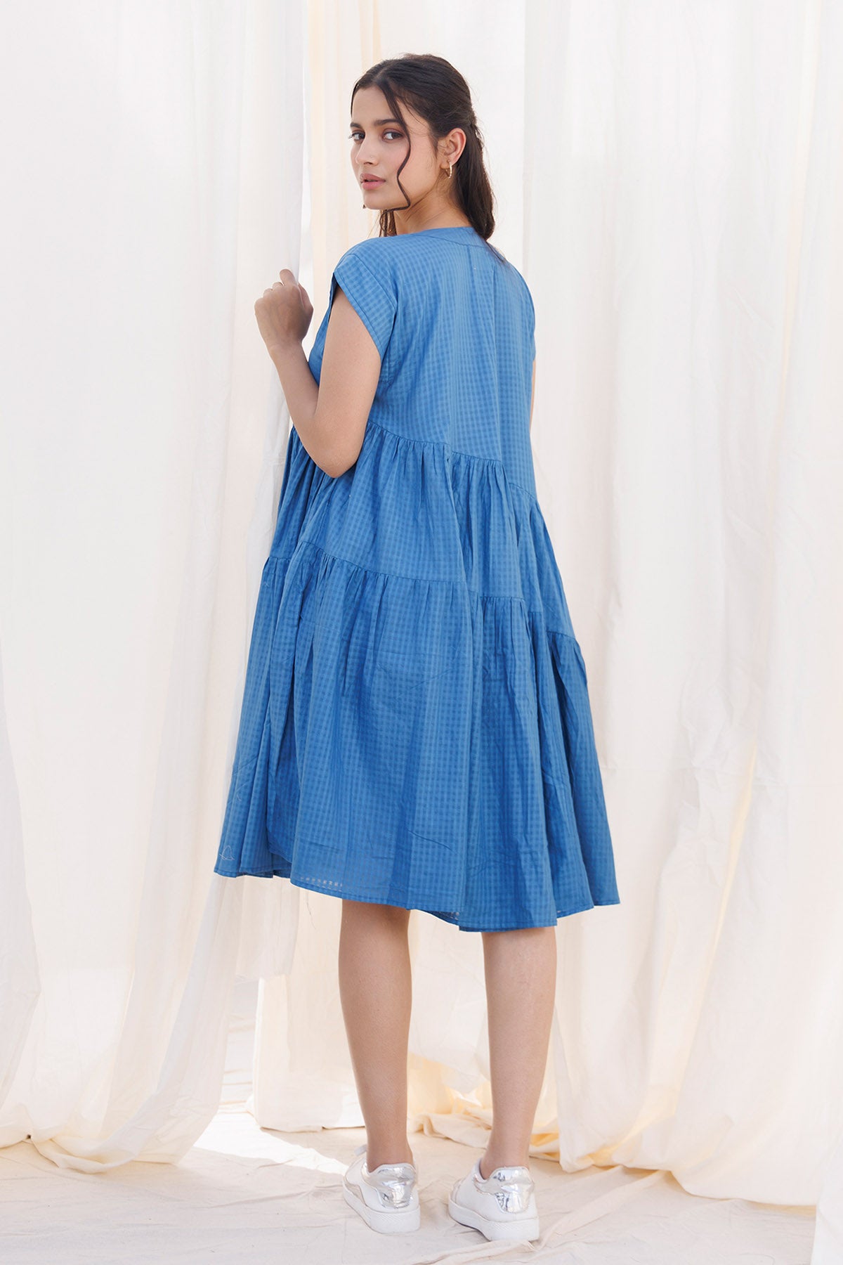 Blue Gathered 3 Tiered Dress