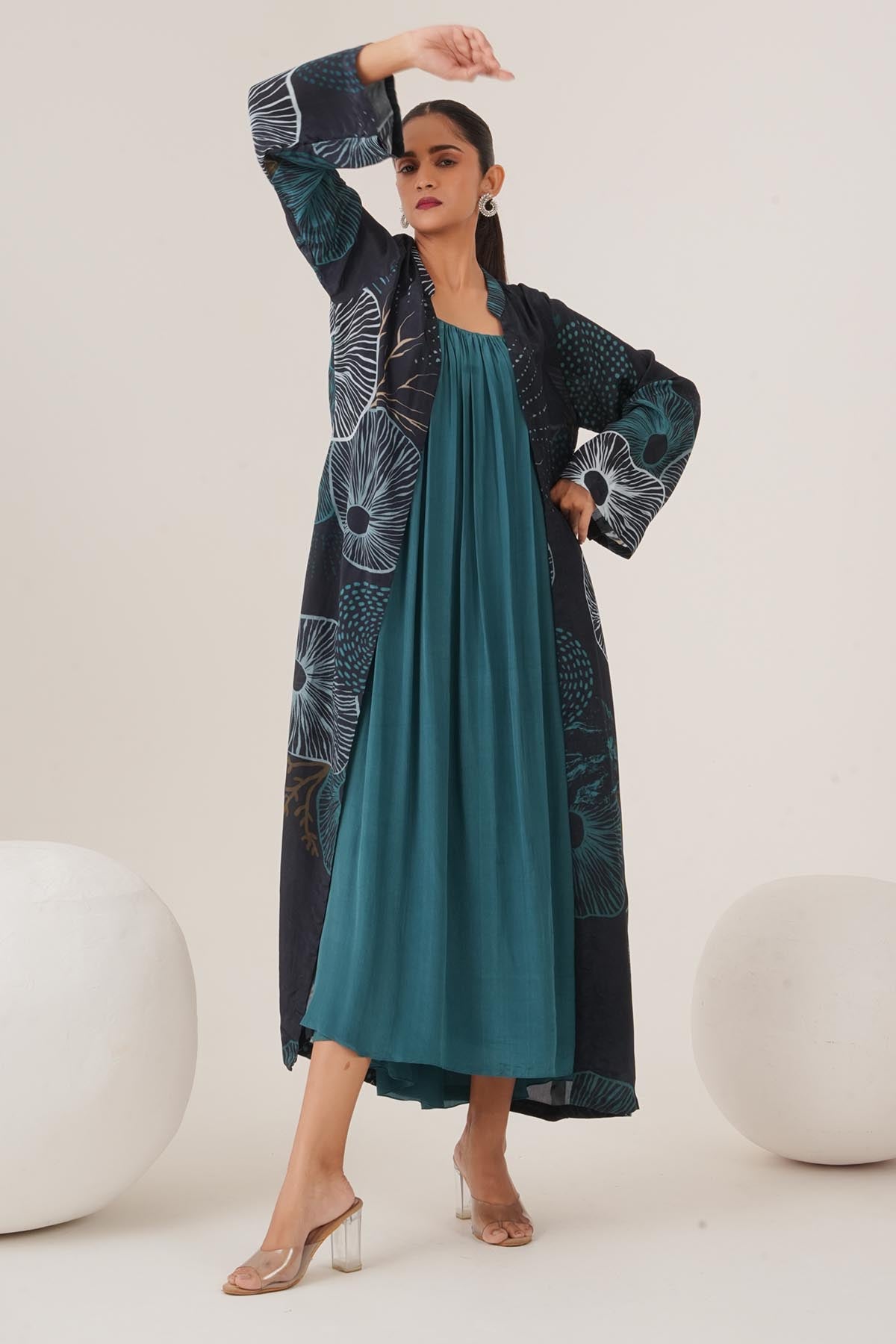 Buy Blue Gathered Dress & Jacket by Shristi Chetani for women online at ScrollnShops