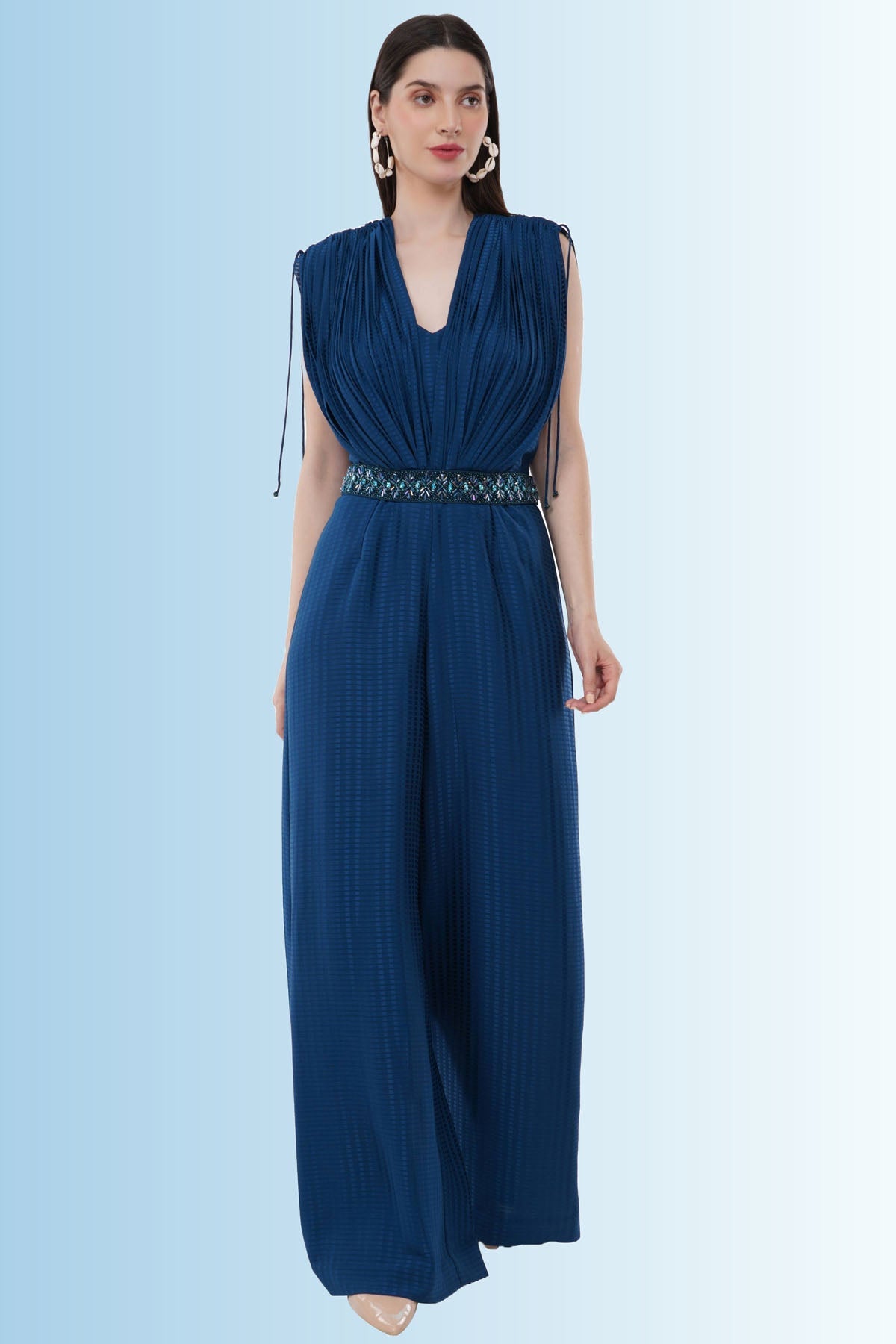 Anjali Kanwar Blue Gathered Jumpsuit & Belt for women online at ScrollnShops