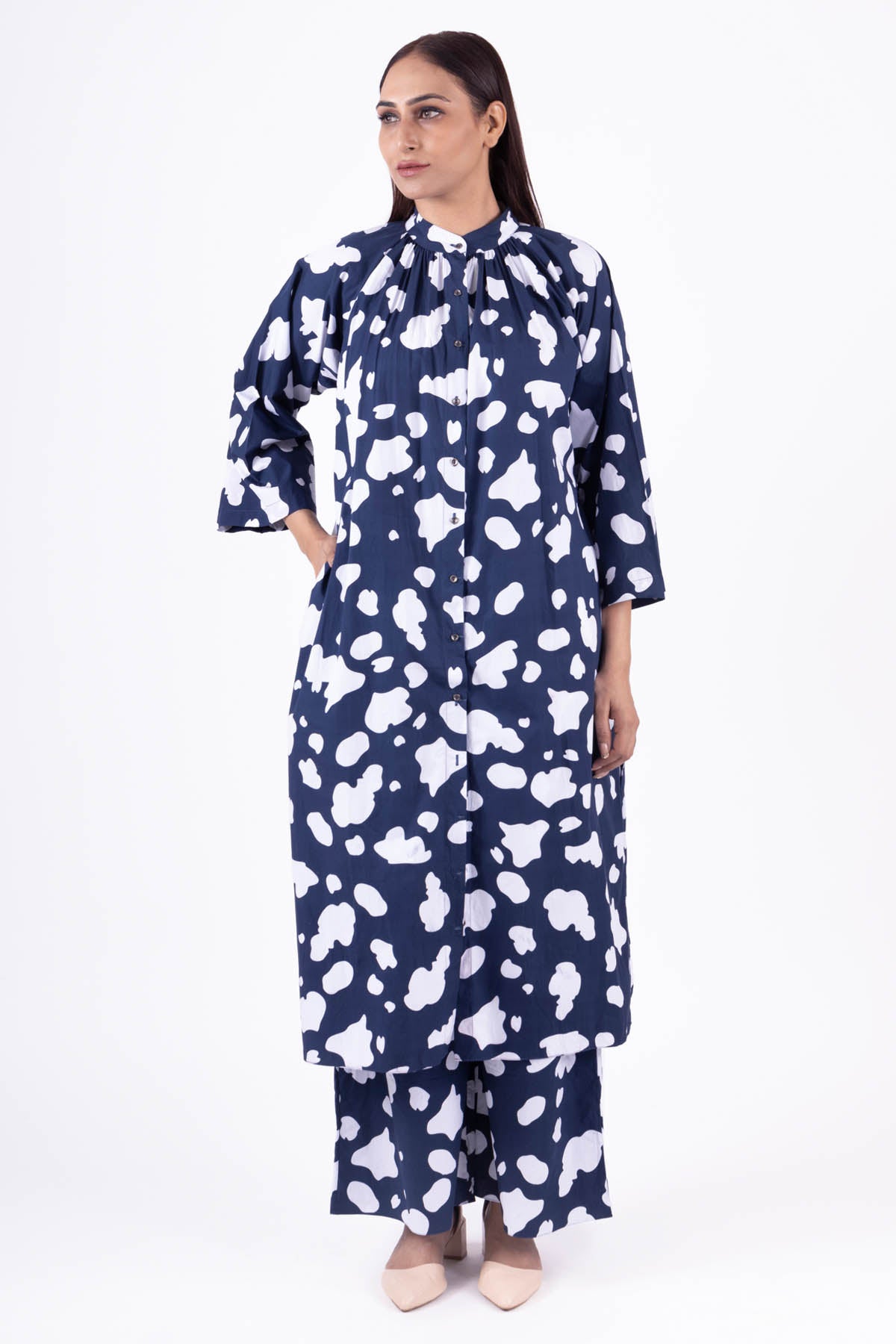 Blue Gathered Neck Kurta & Pants
