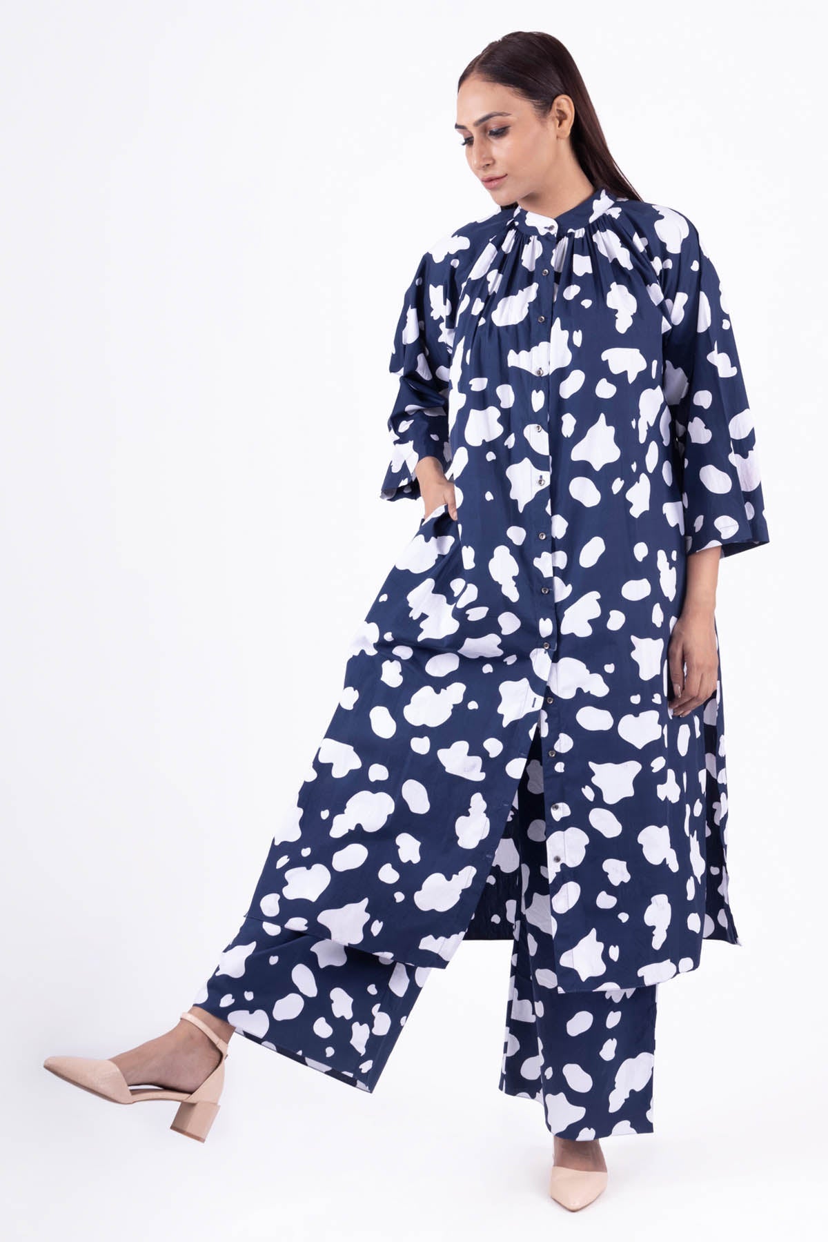 Buy Designer Blue Gathered Neck Kurta & Pants Online