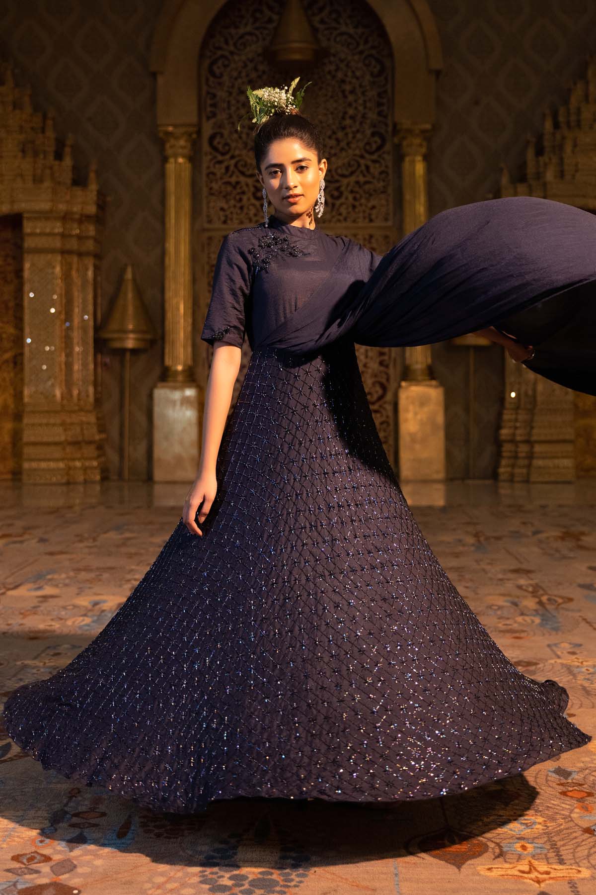 Blue Geometric Embroidered Dress at ScrollnShops