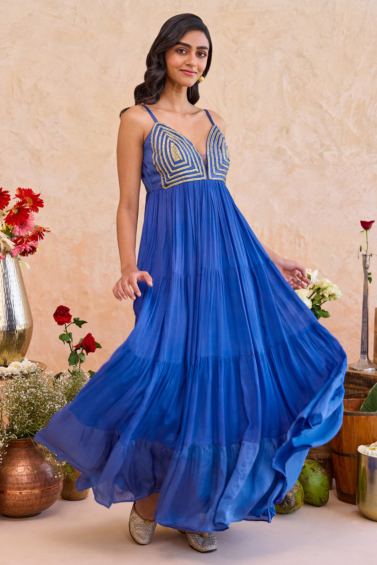 Blue Geometric Motif Maxi Dress