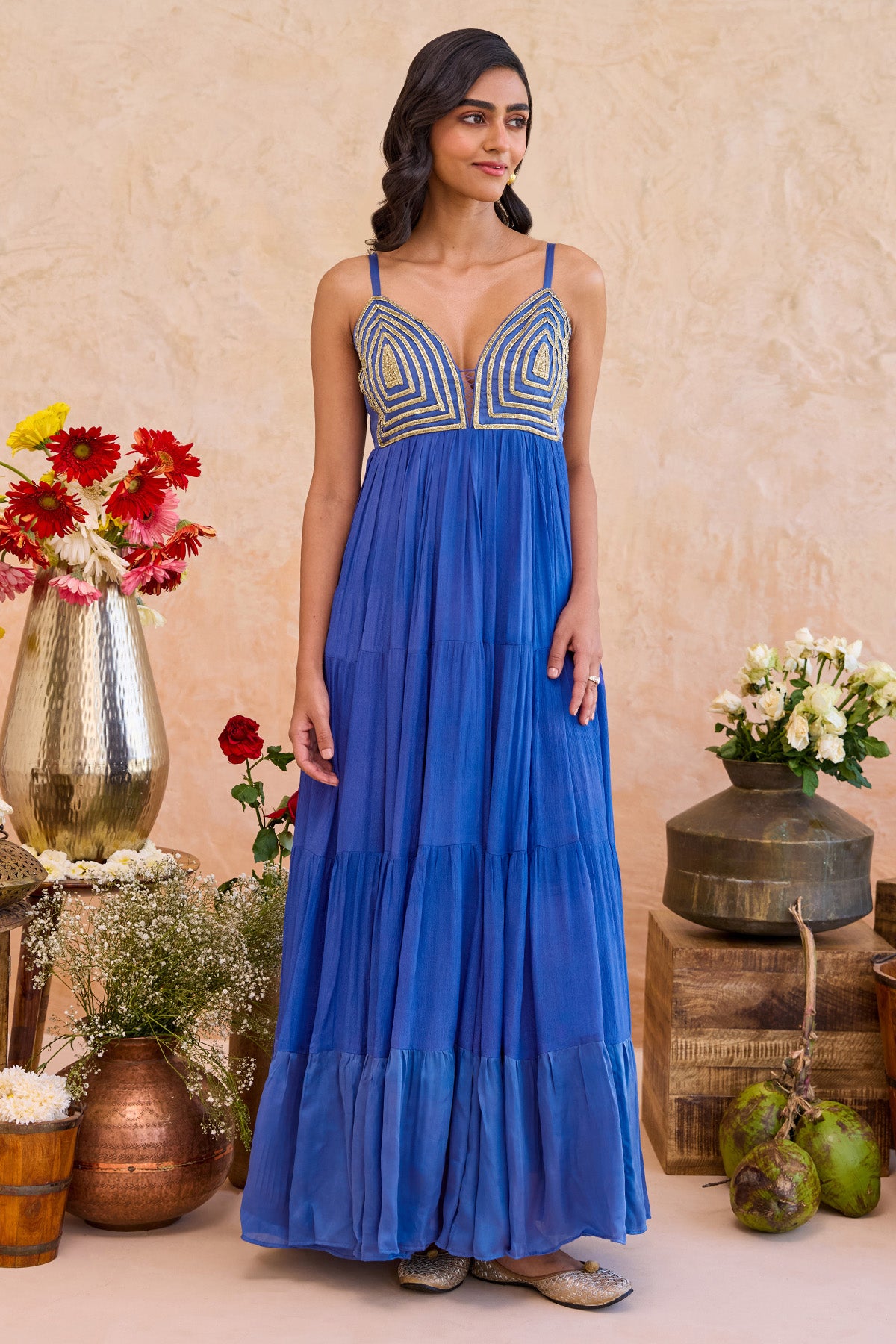 Blue Geometric Motif Maxi Dress