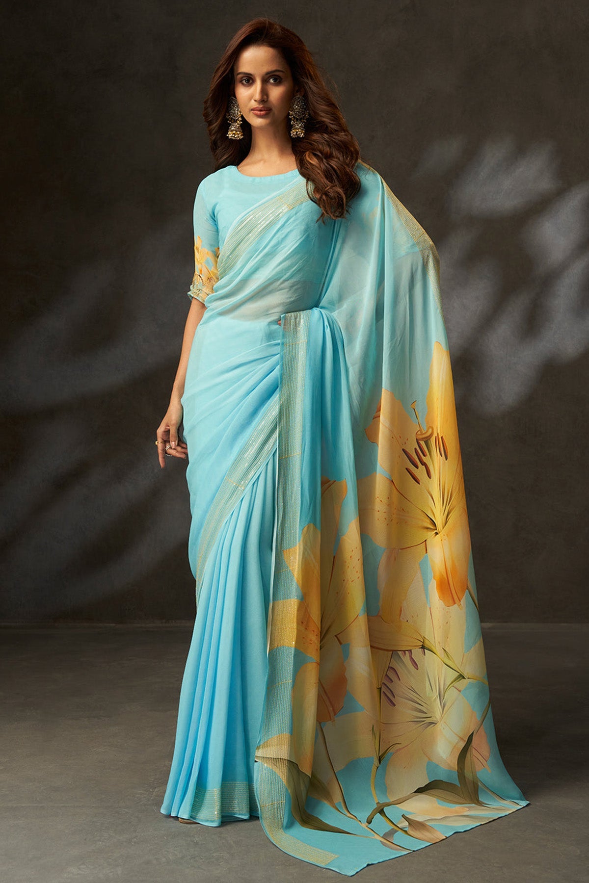 Buy Blue Georgette Digital Saree for women by Aastha Fashion online available at scrollnshops