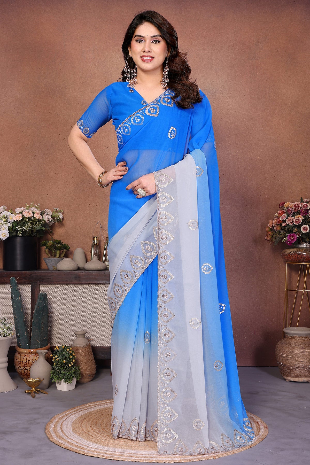 Buy Blue Georgette Embroidery Saree for women by Aastha Fashion online available at scrollnshops