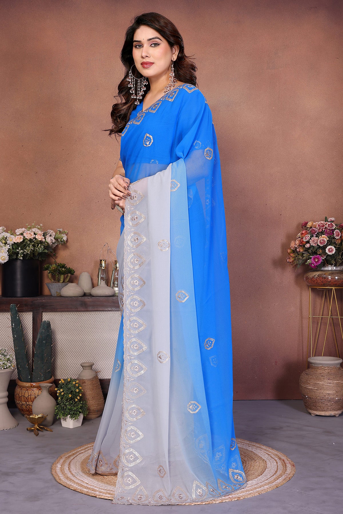 Blue Georgette Embroidery Saree