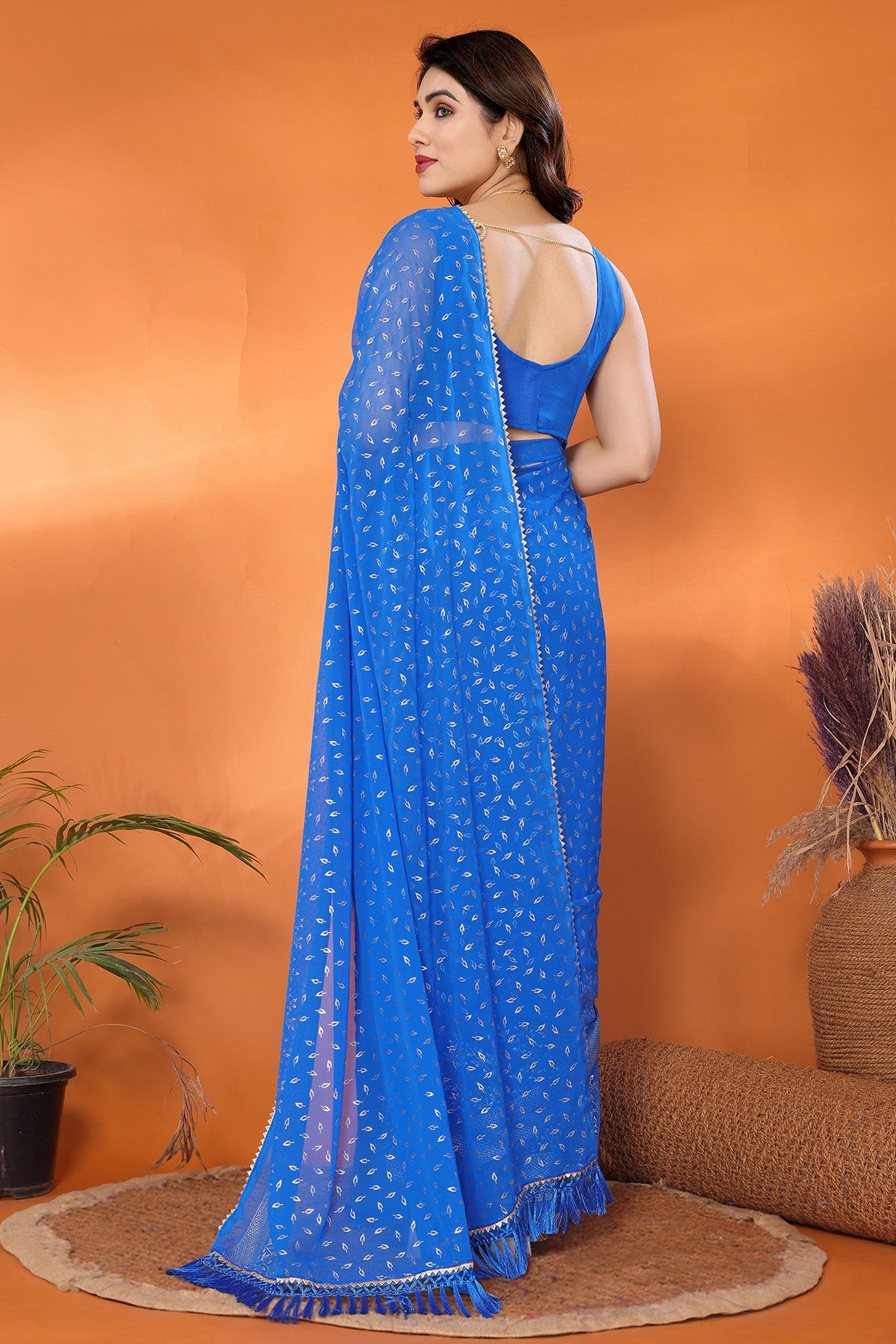 Blue Georgette Foil Work Saree