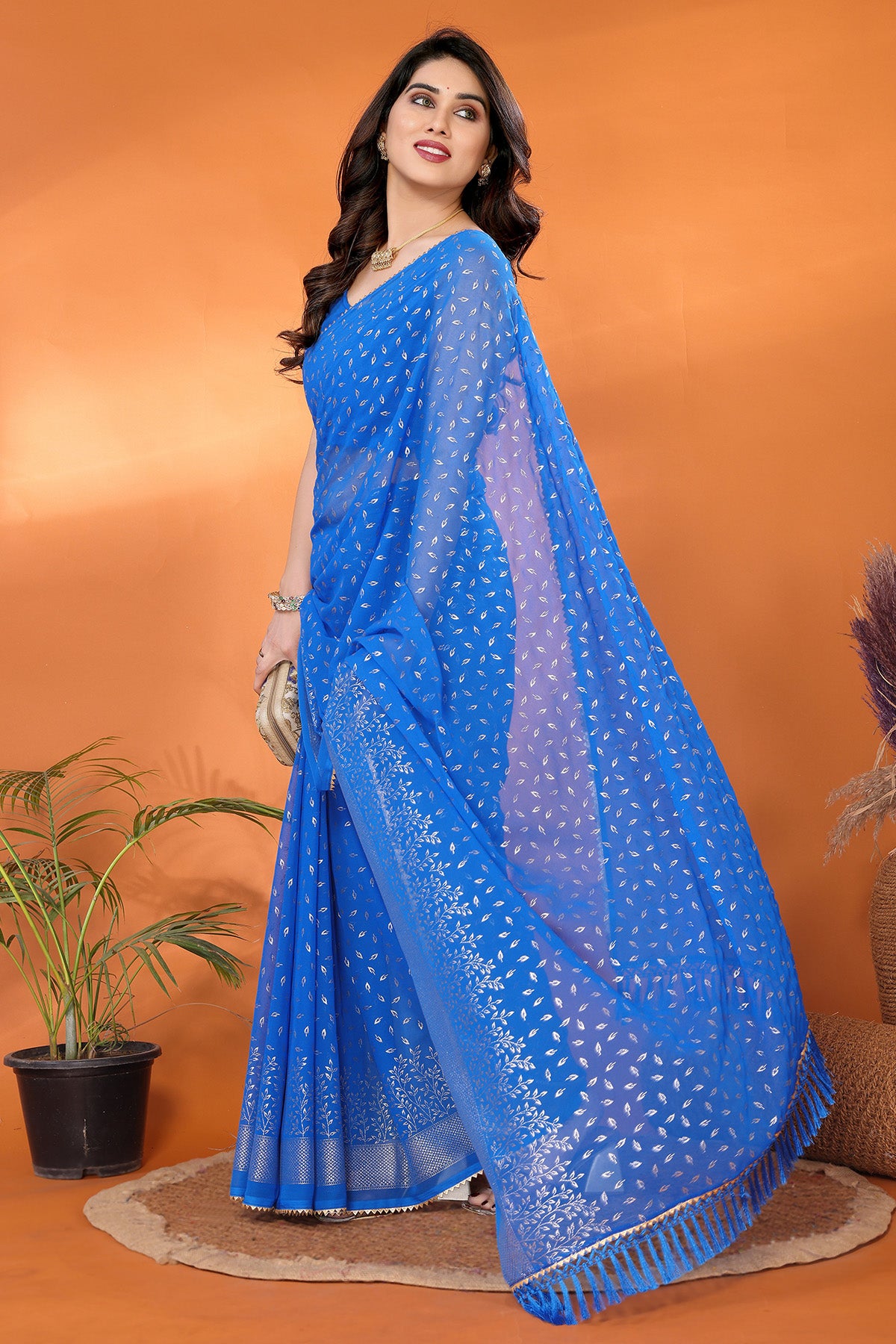 Blue Georgette Foil Work Saree