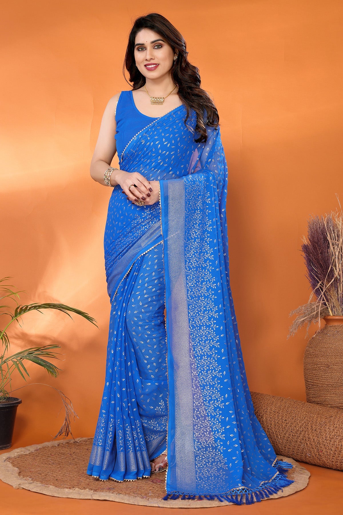 Buy Blue Georgette Foil Work Saree for women by Aastha Fashion online available at scrollnshops