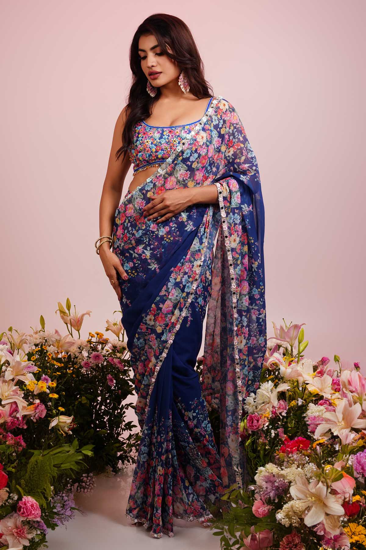 Priyanka Kar Blue Georgette Pre Draped Saree for women online at ScrollnShops