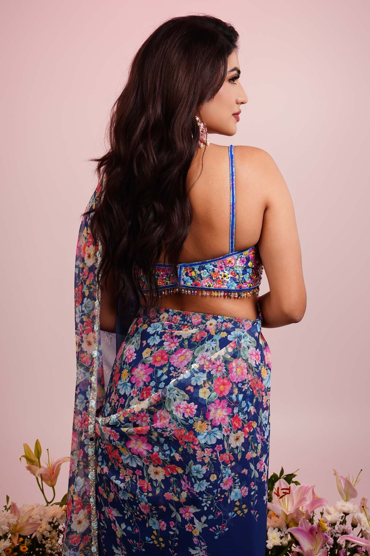 Blue Georgette Pre Draped Saree