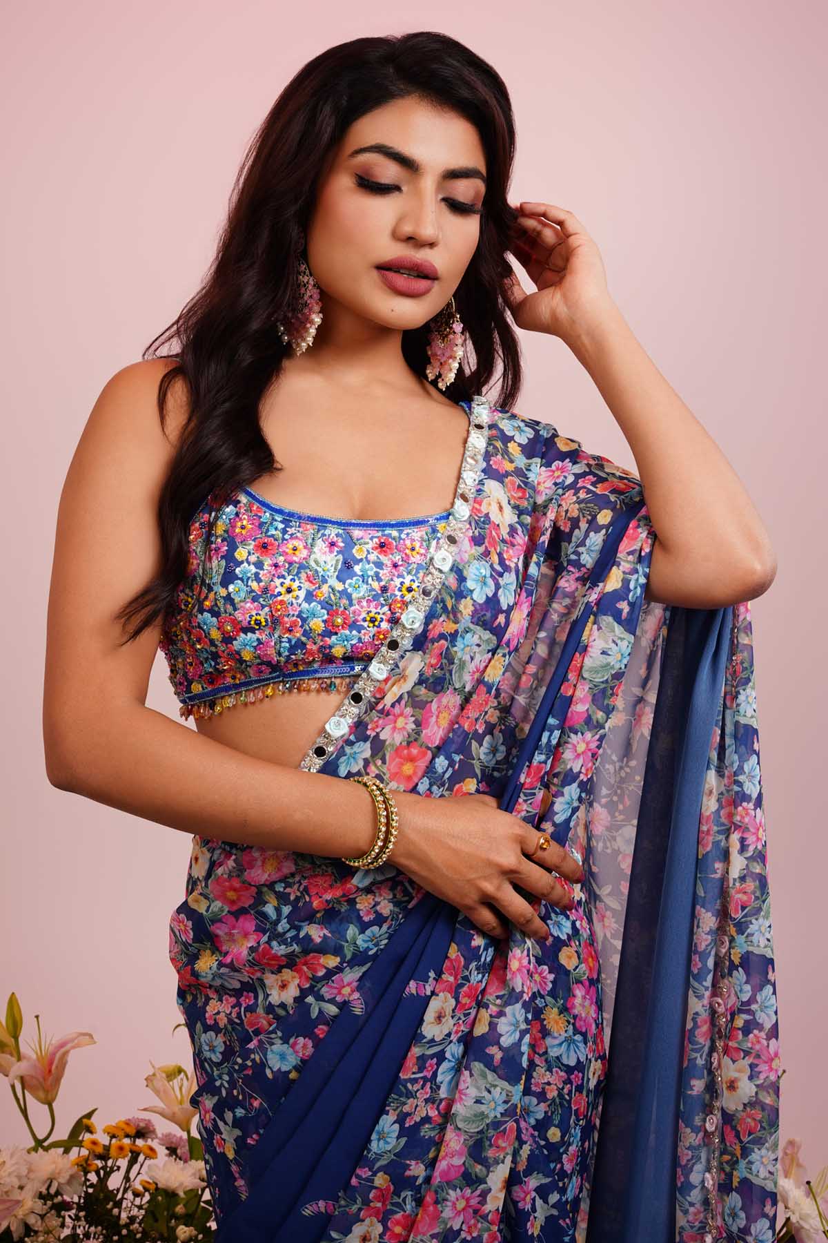 Blue Georgette Pre Draped Saree