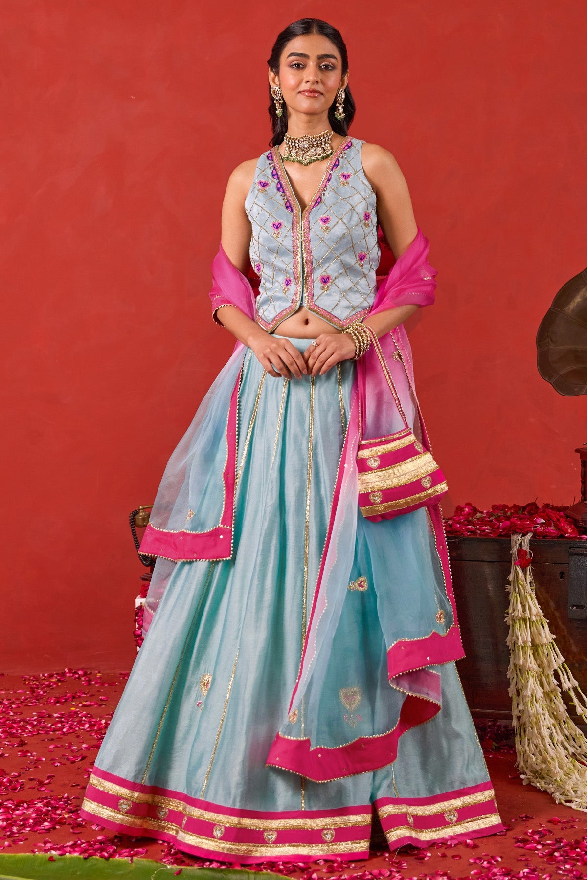 Buy Blue Gold Detailing Lehenga set for women by Taro India online available at scrollnshops