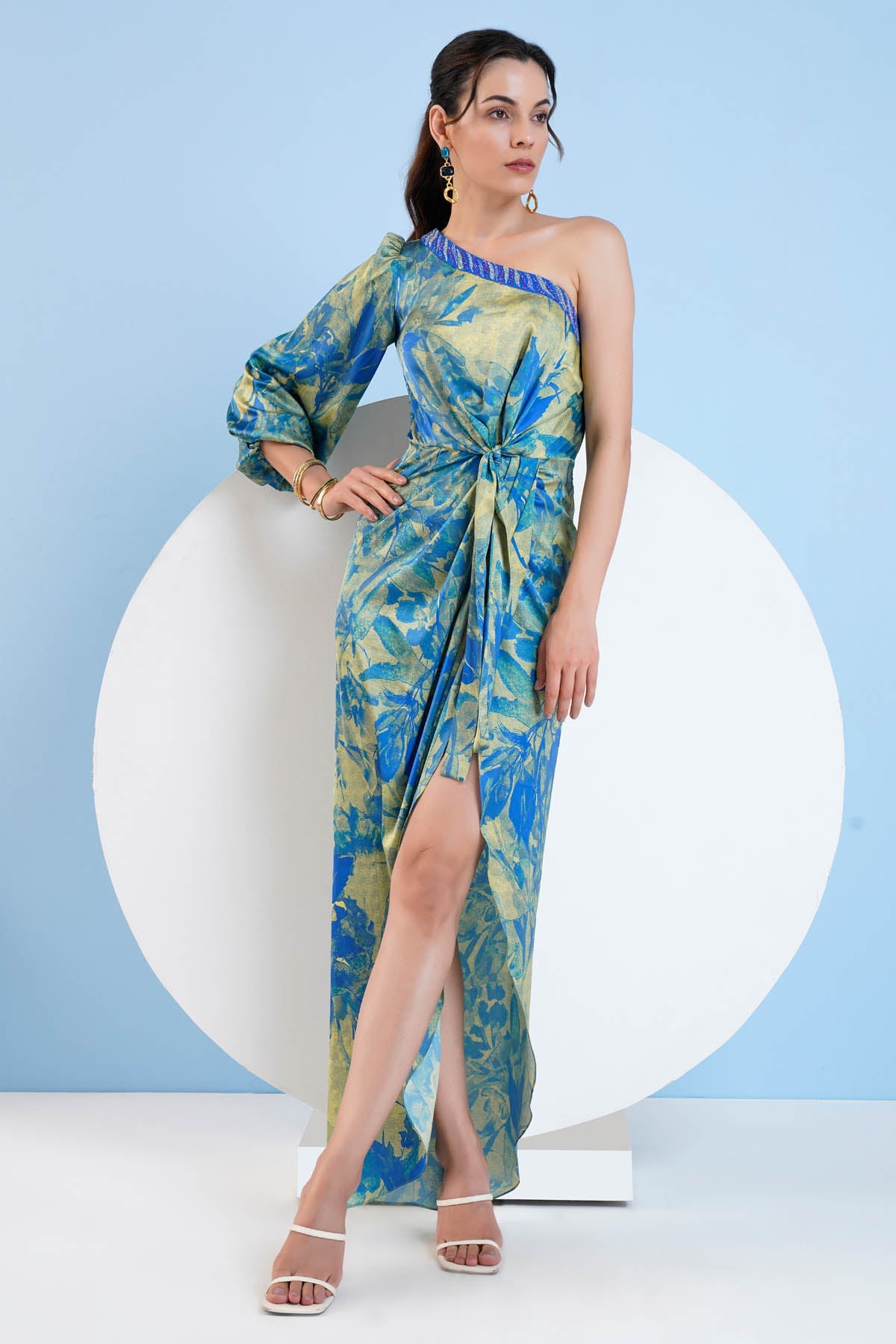 Buy Blue Gold One Shoulder Dress by Mandira Wirk